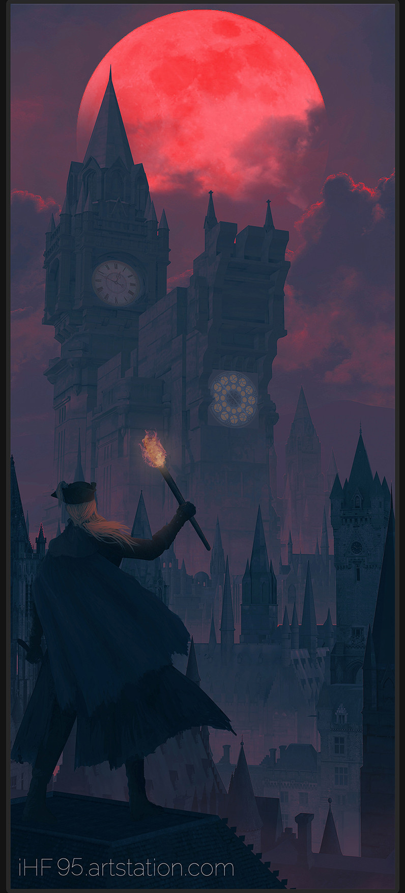 1girl @_(symbol) architecture artist_name artstation_username bloodborne boots cape clock clock_tower cloud cloudy_sky coat flying_buttress full_moon gloves gothic gothic_architecture hat hat_feather highres holding holding_sword holding_torch holding_weapon ihf95 lady_maria_of_the_astral_clocktower long_hair moon ponytail rakuyo_(bloodborne) scenery sky solo sword torch tower tricorne weapon web_address white_hair yharnam