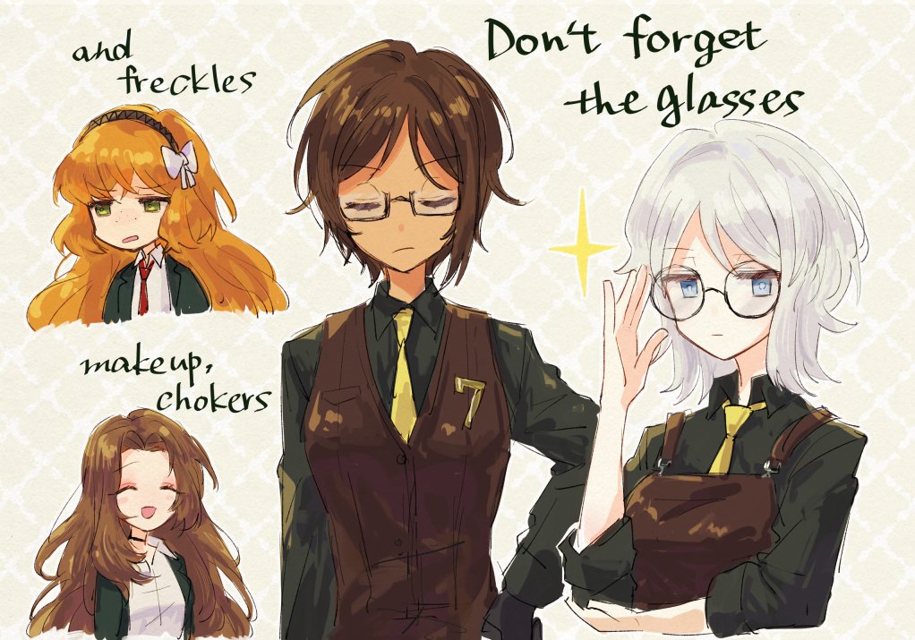 4girls arm_up black_choker brown_hair brown_vest choker closed_eyes closed_mouth collared_shirt faust_(project_moon) freckles glasses green_eyes green_shirt ishmael_(project_moon) limbus_company long_hair looking_at_viewer multiple_girls necktie open_mouth orange_hair outis_(project_moon) project_moon rodion_(project_moon) round_eyewear semi-rimless_eyewear shirt short_hair under-rim_eyewear very_long_hair vest white_hair yellow_necktie york0pm