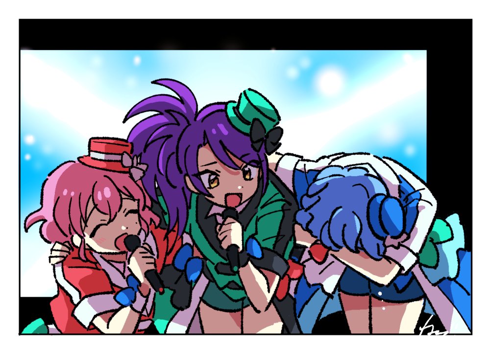 1boy 2girls :d arm_over_head blue_hair brother_and_sister closed_eyes crossdressing crying dorothy_west face_down facing_another facing_down green_jacket hand_up hat idol_clothes jacket leaning_forward leona_west long_hair looking_at_another microphone mini_hat mole mole_under_eye multiple_girls open_mouth otoko_no_ko pink_hair pretty_(series) pripara purple_hair red_headwear red_jacket rituyama1 short_hair short_sleeves siblings side_ponytail smile toudou_shion twins yellow_eyes