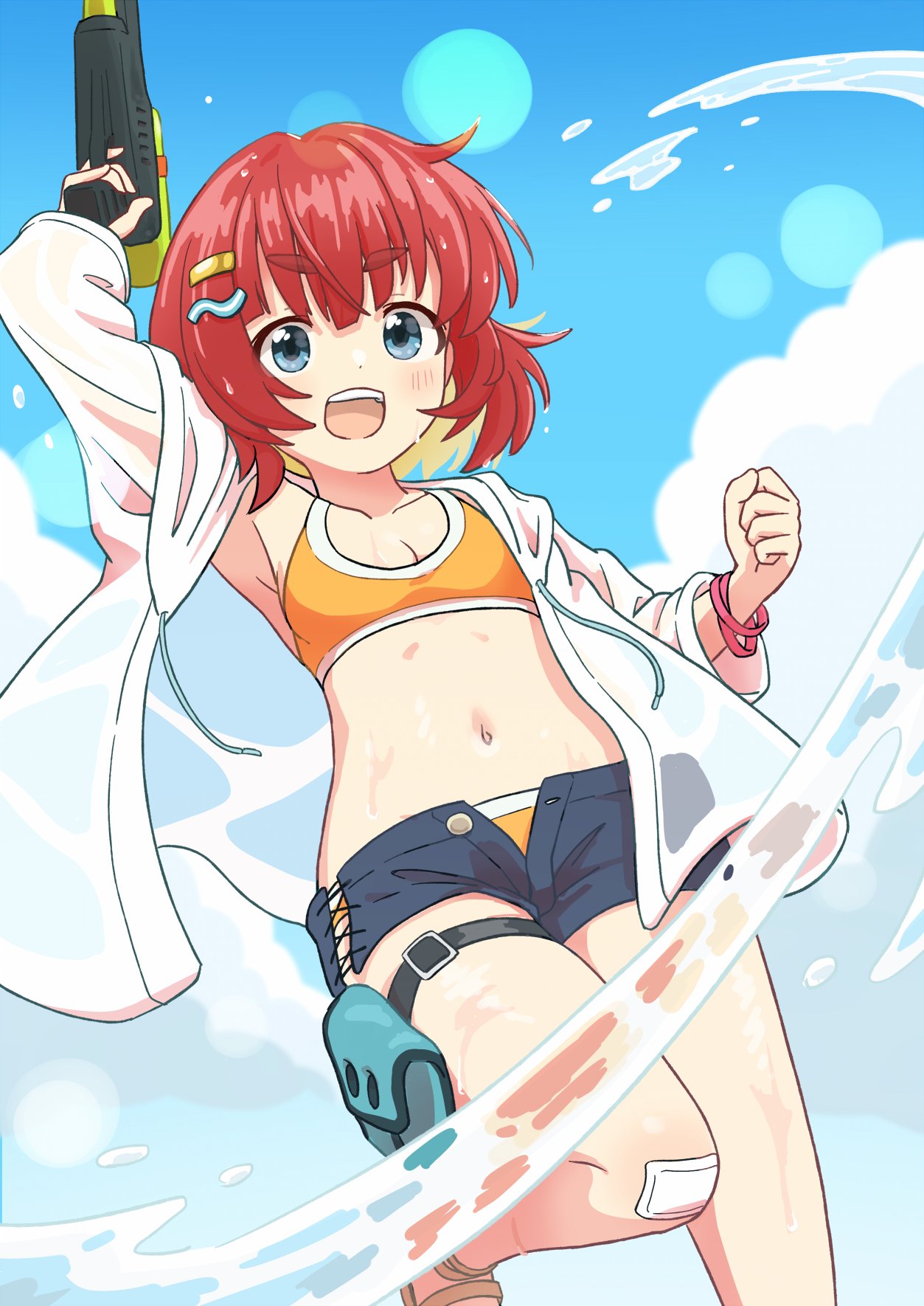 1girl anzai_miyako arm_up armpits bandaid bandaid_on_knee bandaid_on_leg bikini blue_eyes blue_shorts blue_sky breasts check_commentary clenched_hand cloud collarbone commentary_request day drawstring hair_ornament hairclip highres holding holding_water_gun hood hooded_jacket idolmaster idolmaster_cinderella_girls jacket light_blush long_sleeves looking_at_viewer medium_hair navel open_clothes open_jacket open_mouth red_hair sandals sault93726525 short_shorts shorts sidelocks sky small_breasts smile solo splashing standing standing_on_one_leg stomach swimsuit teeth thick_eyebrows thigh_strap thighs track_jacket upper_teeth_only v-shaped_eyebrows water water_gun wet white_jacket wristband yellow_bikini