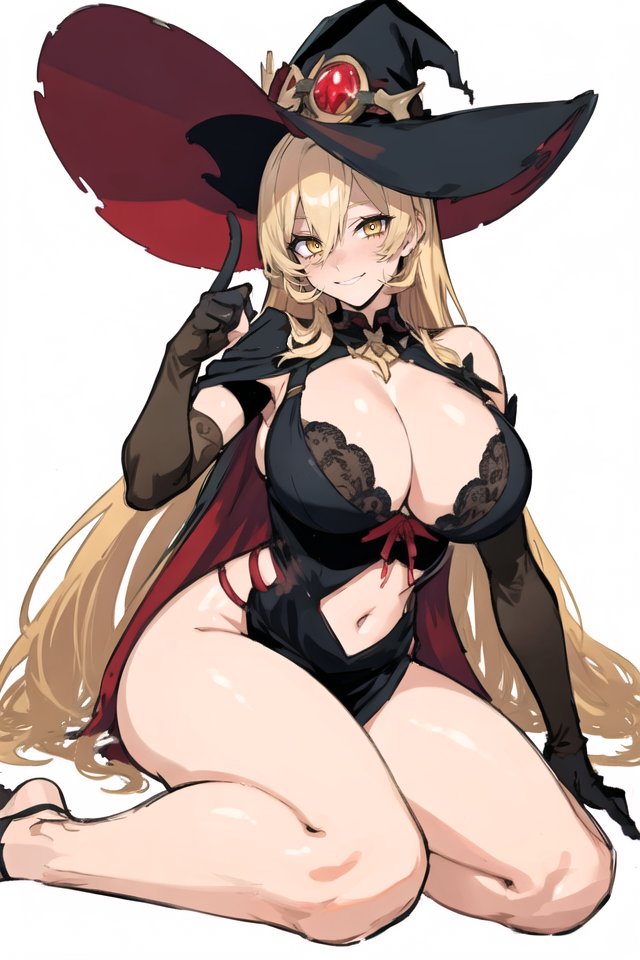 1girl barefoot black_bra black_dress black_gloves blonde_hair bra bra_peek breasts cape cleavage cleavage_cutout clothing_cutout commentary dress elbow_gloves gloves grin hair_between_eyes hat huge_breasts index_finger_raised lace lace_bra legs light_blush long_hair looking_at_viewer moppo nail_polish navel navel_cutout nijisanji nui_sociere nui_sociere_(1st_costume) red_cape sideless_outfit simple_background single_bare_shoulder sitting smile solo symbol-only_commentary thighs two-sided_cape two-sided_fabric underwear very_long_hair virtual_youtuber white_background witch witch_hat yellow_eyes yokozuwari