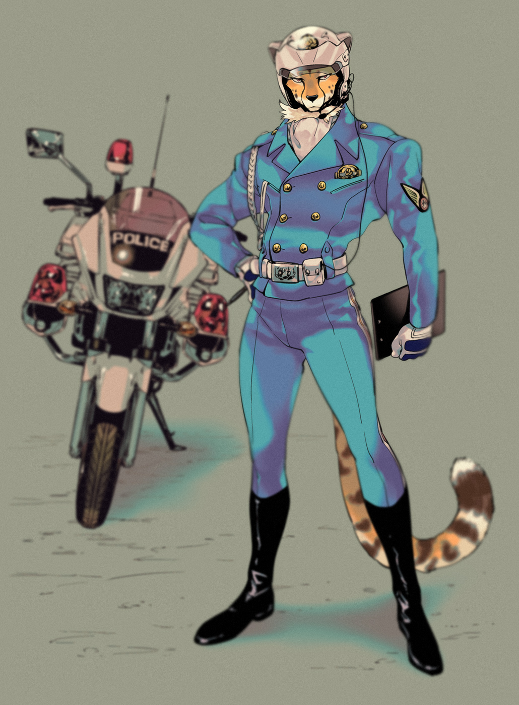 1boy black_footwear blue_suit body_fur boots brown_eyes brown_fur cheetah_boy cheetah_tail closed_mouth full_body furry furry_male gloves grey_background hand_on_own_hip headset helmet highres holding long_sleeves looking_at_viewer male_focus mamemo_(daifuku_mame) motor_vehicle motorcycle motorcycle_helmet neck_fur orange_fur original police police_badge police_motorcycle police_uniform simple_background solo standing suit uniform white_gloves