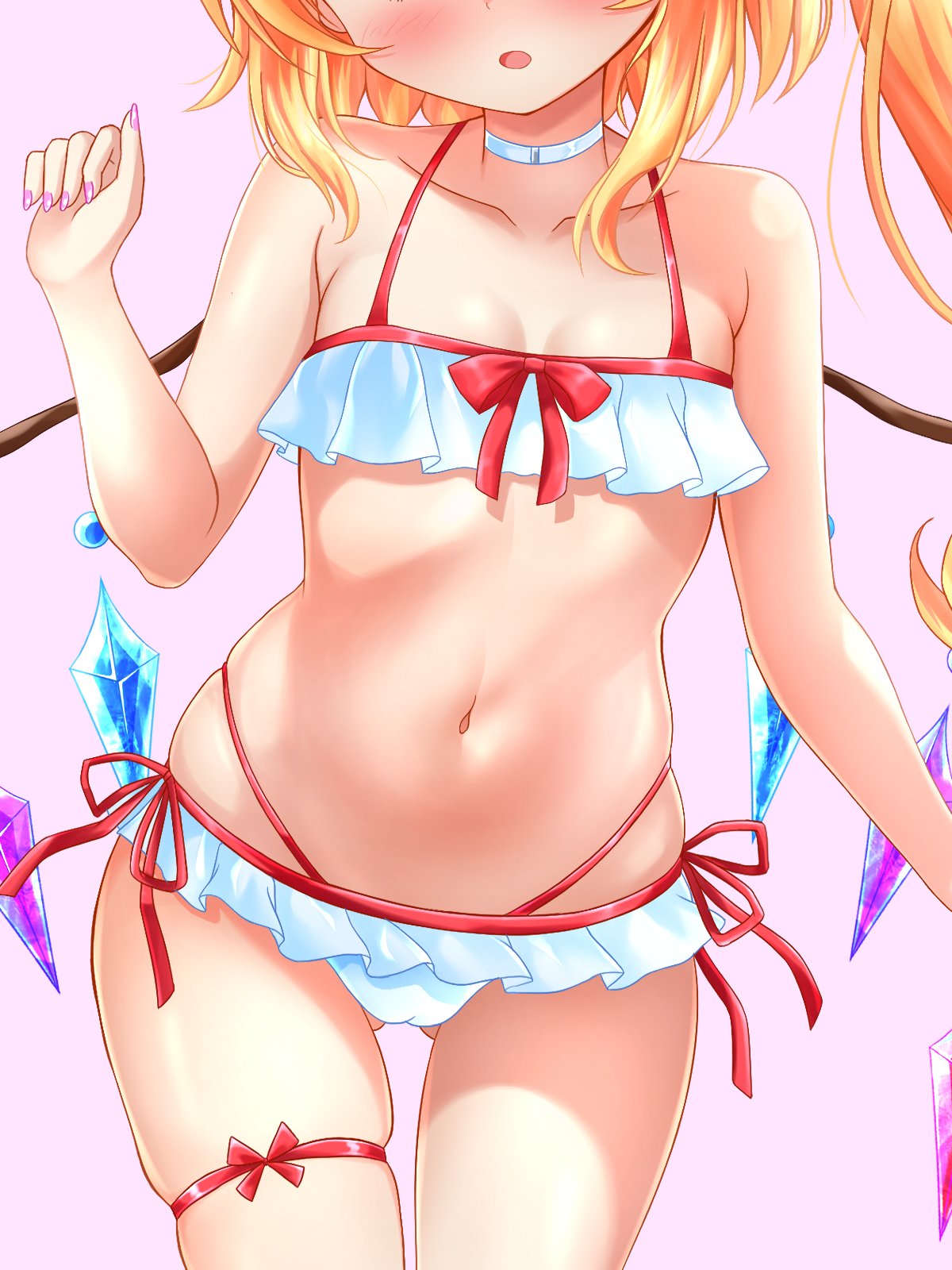 1girl bikini blush breasts cameltoe choker commentary_request cowboy_shot crystal facing_viewer flandre_scarlet frilled_bikini frills head_out_of_frame highres kuronekoron long_hair medium_hair navel one_side_up open_mouth pink_background pink_nails simple_background small_breasts solo swimsuit thigh_strap touhou white_bikini white_choker wings