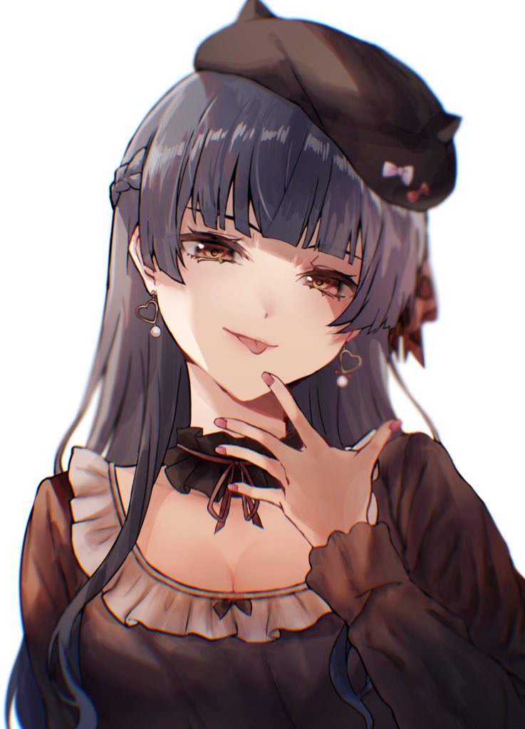 1girl beret black_choker black_hair black_headwear blunt_bangs braid breasts brown_eyes choker cleavage collarbone commentary earrings french_braid frilled_choker frills hat head_tilt idolmaster idolmaster_shiny_colors itagaku jewelry long_hair long_sleeves looking_at_viewer mayuzumi_fuyuko medium_breasts nail_polish pink_nails red_ribbon ribbon ribbon_choker shade shadow simple_background solo tongue tongue_out upper_body white_background