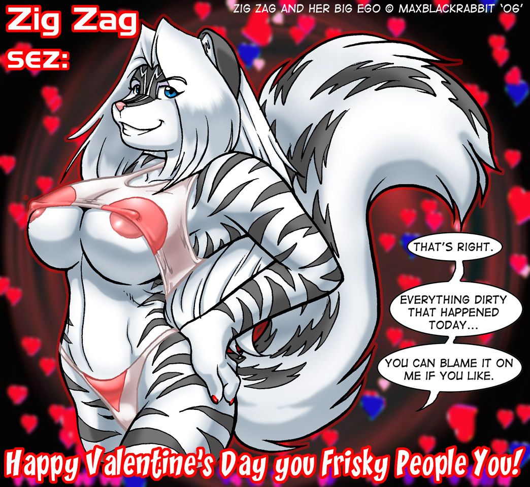 &lt;3 anthro bra breasts clothed clothing felid female hands_on_hips holidays hybrid mammal max_blackrabbit mephitid nipples pantherine panties partially_clothed skunk smile solo speech_bubble sports_bra striped_body stripes tiger underwear valentine's_day zig_zag