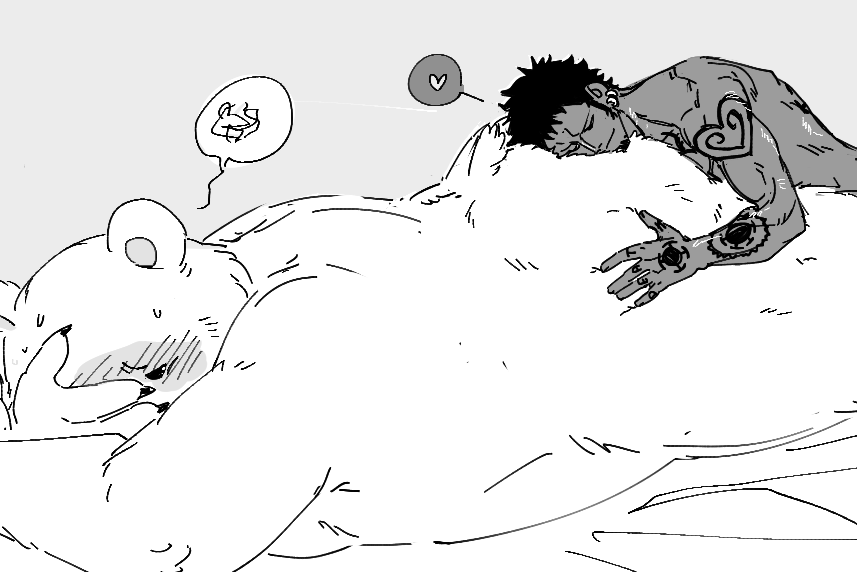 2023 anthro bear belly bepo big_belly big_butt blush butt duo eyes_closed human human_on_anthro interspecies lying male mammal minkmen_(one_piece) nekokat42 one_piece overweight polar_bear tattoo trafalgar_law ursine