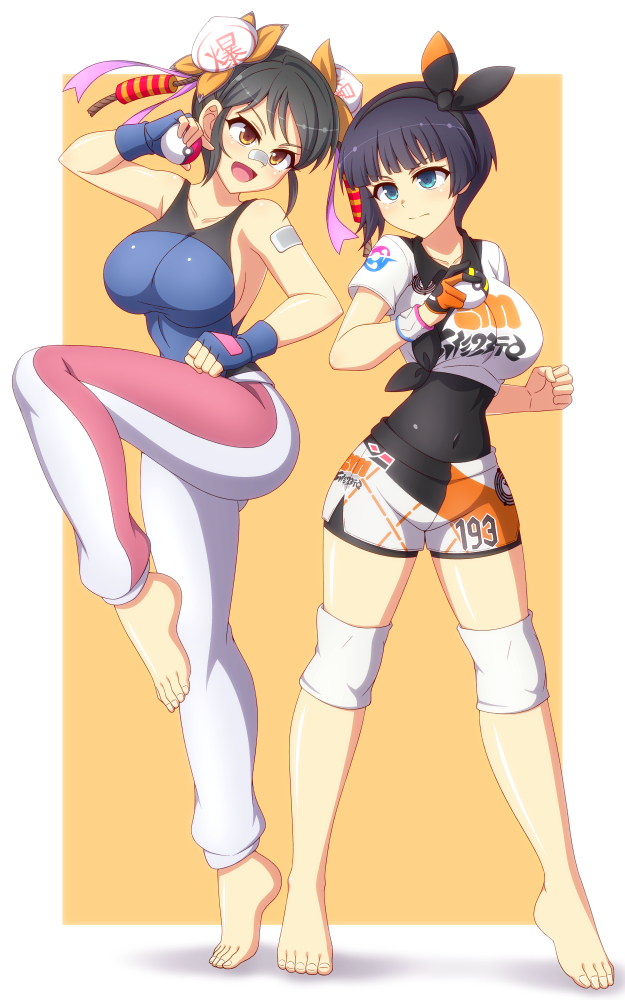 2girls :d bandages bandaid bandaid_on_arm bandaid_on_face bandaid_on_nose baozi barefoot bea_(pokemon) bea_(pokemon)_(cosplay) black_bodysuit black_collar black_gloves black_hair black_hairband blue_eyes blue_gloves blue_hair blush bodysuit bodysuit_under_clothes bow_hairband bowl_cut breasts bun_(food) closed_mouth collar collarbone cosplay covered_navel crossover double_bun dynamax_band feet fingerless_gloves firecrackers food gloves hair_bun hair_ornament hairband holding holding_poke_ball knee_pads large_breasts leotard leotard_under_clothes linea_alba looking_at_another maylene_(pokemon) maylene_(pokemon)_(cosplay) meimei_(senran_kagura) multiple_girls number_print open_mouth orange_background orange_eyes orange_gloves pants pink_pants poke_ball poke_ball_(basic) pokemon pokemon_(game) pokemon_dppt pokemon_swsh print_shirt print_shorts purple_ribbon ribbon senran_kagura senran_kagura_new_wave senran_kagura_shinovi_versus shiny_skin shirt short_hair short_sleeves shorts side_slit side_slit_shorts sideboob single_glove smile standing standing_on_one_leg sweatpants tied_shirt tongue two-tone_background two-tone_gloves two-tone_pants ultra_ball white_background white_pants yozakura_(senran_kagura) zetsumu