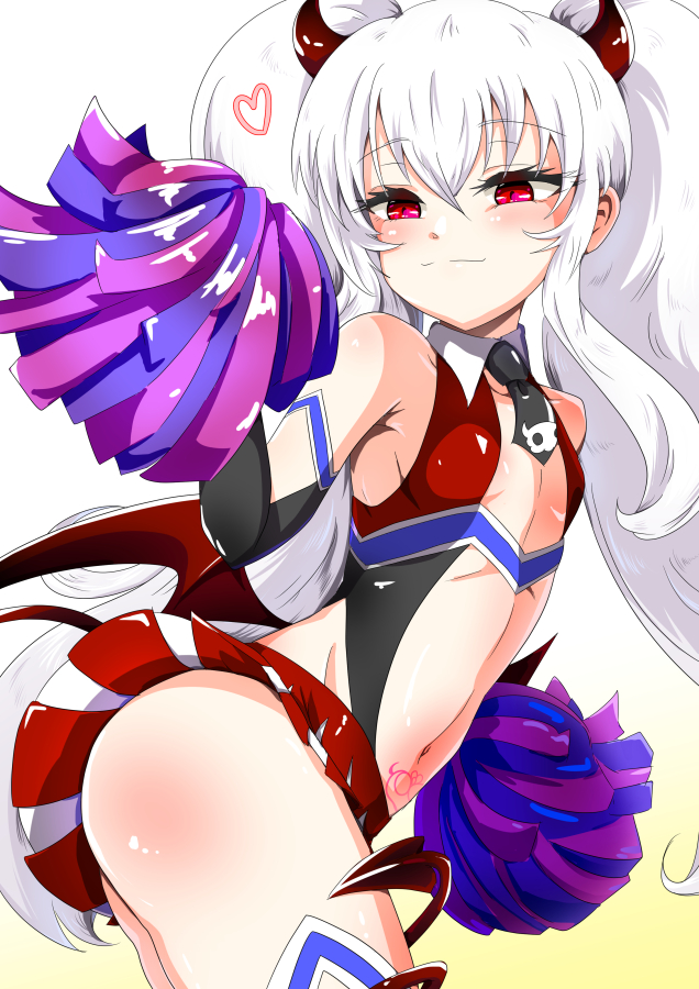 1girl ass bombergirl breasts cleavage closed_mouth commentary_request demon_girl demon_horns demon_wings evo_grim gradient_background grim_aloe heart holding holding_pom_poms horns houshi long_hair looking_at_viewer low_wings microskirt navel pom_pom_(cheerleading) quiz_magic_academy red_eyes red_horns red_skirt red_tail red_wings skirt small_breasts solo white_background white_hair wings yellow_background