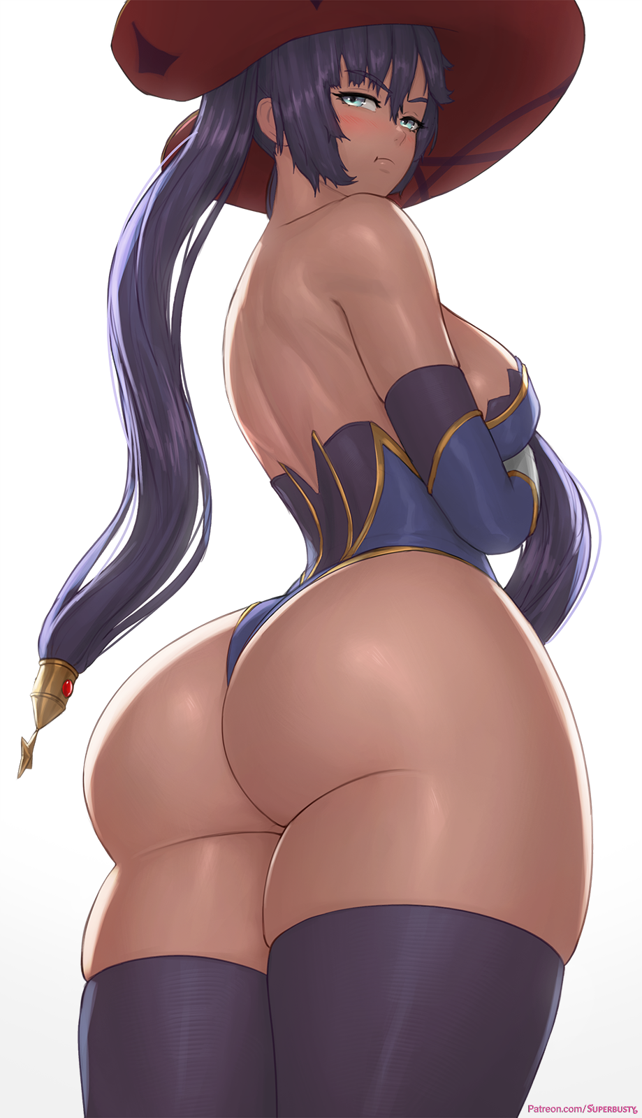 1girl :t alternate_breast_size ass ass_focus bare_shoulders black_hair black_thighhighs blue_leotard breasts closed_mouth commentary curvy english_commentary from_behind from_below genshin_impact gold_trim green_eyes hat highres large_breasts leotard long_hair mona_(genshin_impact) simple_background skindentation solo superbusty thighhighs thighs twintails very_long_hair white_background witch_hat