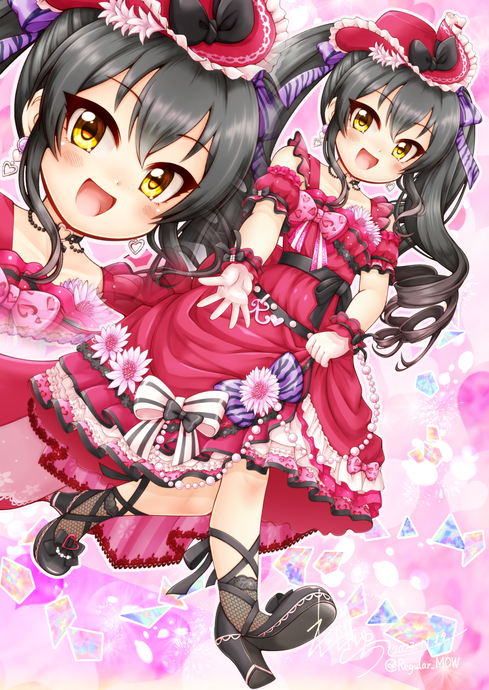 1girl :d animal_print black_bow black_footwear black_hair bow brown_socks collarbone commentary_request detached_sleeves dress earrings fishnet_socks fishnets gloves hair_between_eyes hat hat_bow heart high_heels highres idolmaster idolmaster_cinderella_girls idolmaster_cinderella_girls_starlight_stage jewelry leopard_print long_hair looking_at_viewer matoba_risa outline pink_bow print_bow puffy_short_sleeves puffy_sleeves red_dress red_headwear red_sleeves regular_mow ringlets shoe_soles short_sleeves sidelocks sleeveless sleeveless_dress smile socks striped striped_bow tiger_print tilted_headwear twintails very_long_hair white_gloves white_outline yellow_eyes zoom_layer