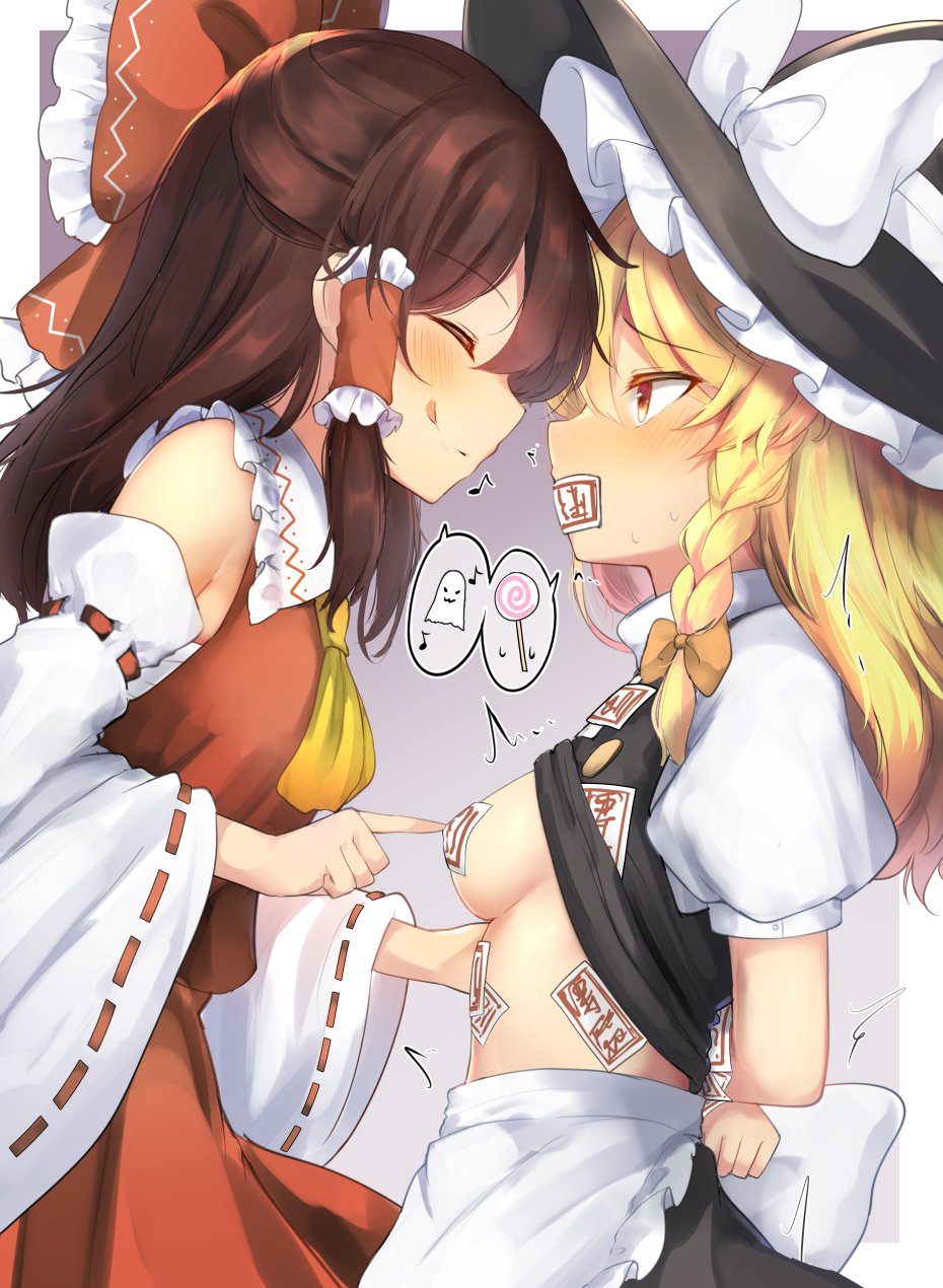 2girls :p apron arms_behind_back ascot back_bow black_headwear black_skirt black_vest blonde_hair blush bow braid brown_hair buttons candy closed_eyes collared_shirt covered_mouth covered_nipples detached_sleeves eye_contact food frilled_bow frilled_hair_tubes frilled_shirt_collar frills frown ghost hair_bow hair_tubes hakurei_reimu hat hat_bow hat_ornament highres kirisame_marisa leon0705 licking_lips lollipop long_hair looking_at_another multiple_girls musical_note ofuda ofuda_on_clothes ofuda_on_head ofuda_on_nipples pasties pointing puffy_short_sleeves puffy_sleeves red_bow red_eyes red_shirt red_skirt red_vest ribbon-trimmed_sleeves ribbon_trim shirt short_sleeves sidelocks single_braid skirt sleeveless sleeveless_shirt smile speech_bubble tongue tongue_out touhou turtleneck vest waist_apron white_apron white_bow white_shirt white_sleeves wide_sleeves witch_hat yellow_ascot yellow_bow yuri