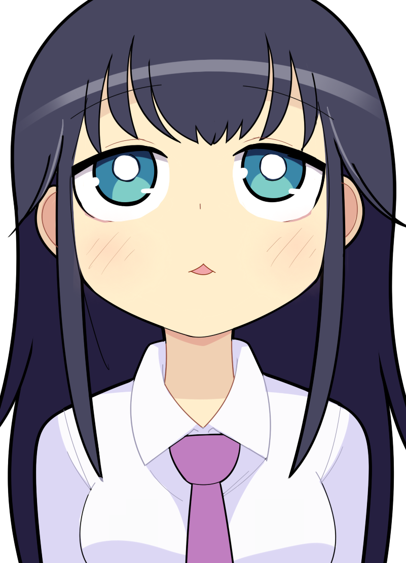 1girl black_hair blue_eyes blush bright_pupils collared_shirt commentary_request expressionless grey_background hospital_king long_hair medium_bangs necktie open_mouth purple_necktie satozaki_kiko shirt sidelocks simple_background solo upper_body watashi_ga_motenai_no_wa_dou_kangaetemo_omaera_ga_warui! white_pupils white_shirt