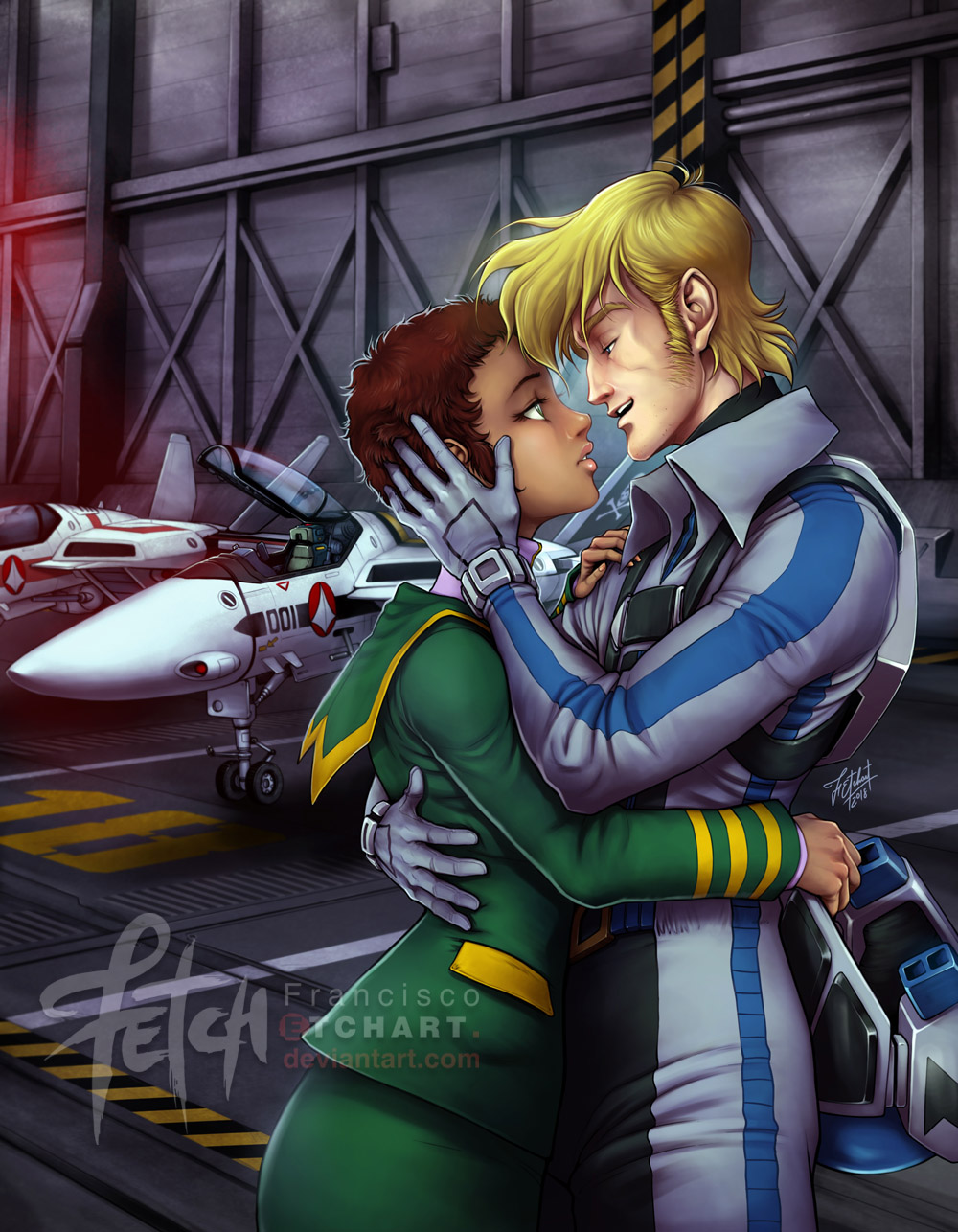 1980s_(style) 1boy 1girl 2018 alternate_universe blonde_hair brown_hair canopy_(aircraft) choujikuu_yousai_macross claudia_lasalle couple curly_hair dark_skin dated deviantart_username energy_cannon english_commentary franciscoetchart gloves good_end hangar headwear_removed helmet helmet_removed highres hug imminent_kiss jolly_roger jumpsuit lips looking_at_another macross mecha military military_uniform mullet official_art pilot pilot_suit promotional_art retro_artstyle robot robotech roundel roy_focker science_fiction sdf-1 sideburns sign signature skirt spacecraft_interior spacesuit u.n._spacy uniform variable_fighter vf-1 vf-1j vf-1s warning_sign