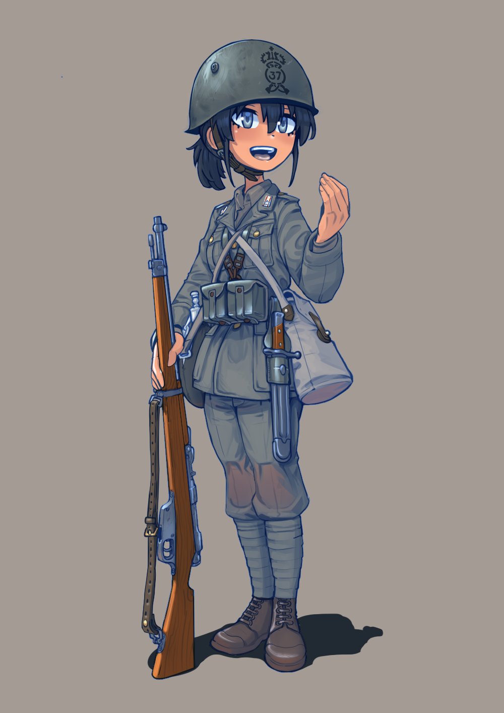 1girl ammunition_pouch bayonet belt black_hair blush bolt_action buttons canteen che_vuoi?_(italian_gesture) collar_tabs combat_helmet cross-laced_footwear erica_(naze1940) full_body gun gun_sling helmet highres holding holding_gun holding_weapon italian_army leg_wrap legs_together load_bearing_equipment long_sleeves military military_rank_insignia military_uniform original pants ponytail pouch puttee rifle shadow shirt shoulder_boards simple_background soldier solo uniform weapon world_war_ii