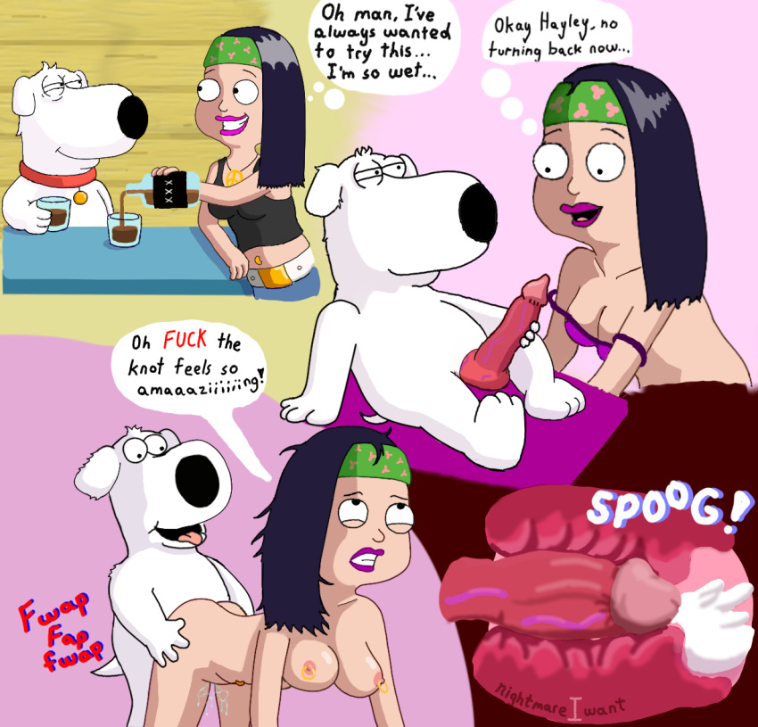 alcohol american_dad animal_genitalia anthro bandanna belt beverage bottle bra breasts brian_griffin canid canine canis clothing collar comic container crossover dialogue doggystyle domestic_dog drunk duo ejaculation erection family_guy female from_behind_position genitals green_bandanna green_kerchief happy hayley_smith human kerchief male male/female mammal nightmareiwant nipples nude piercing red_collar sex sex_from_behind smile substance_intoxication teeth underwear