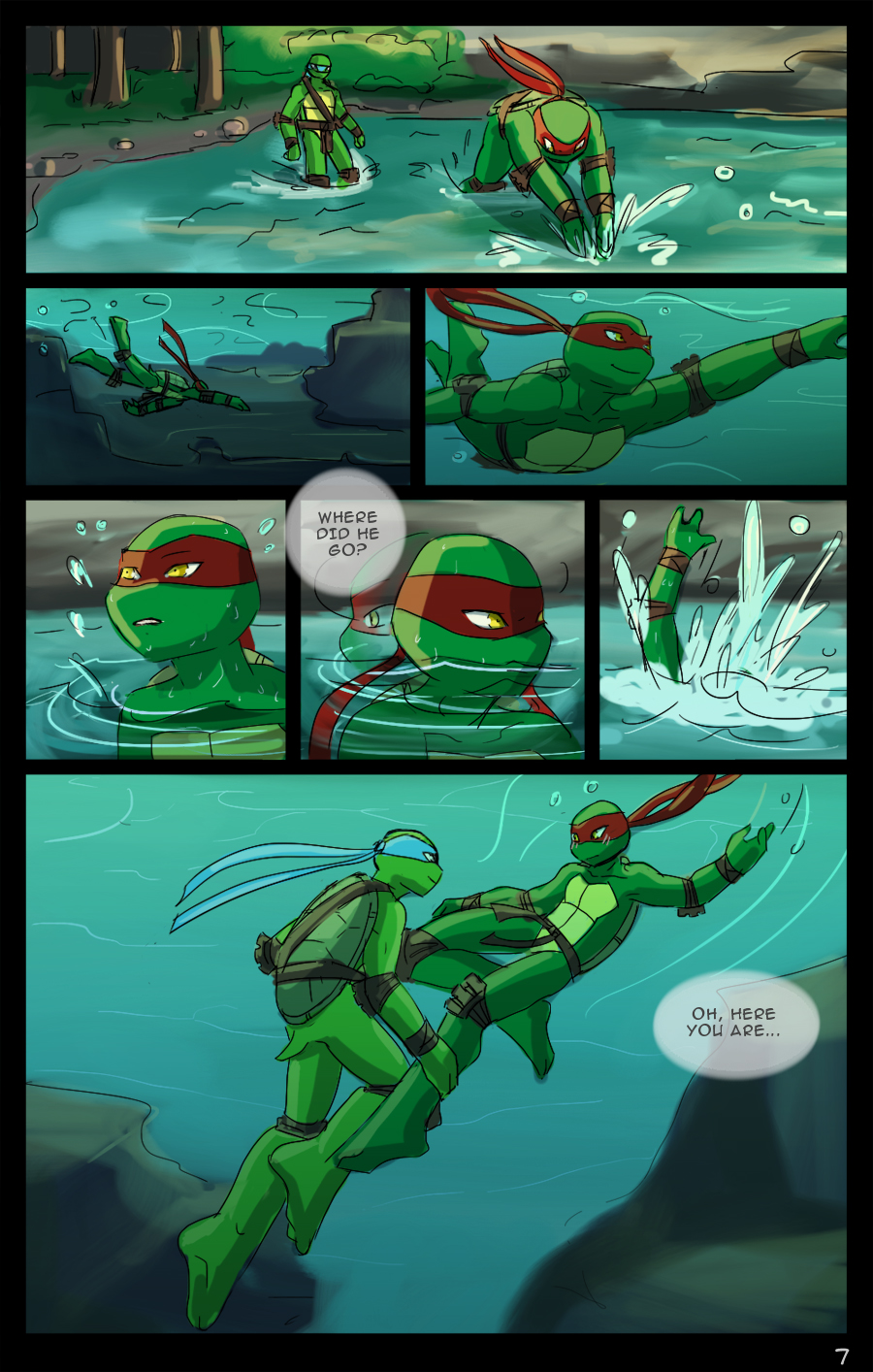 bandanna brother_(lore) brothers_(lore) comic dialogue duo forest hi_res kerchief lake leonardo_(tmnt) male momorawrr neattea outside plant raphael_(tmnt) reptile scalie sibling_(lore) swimming teenage_mutant_ninja_turtles tree turtle underwater water