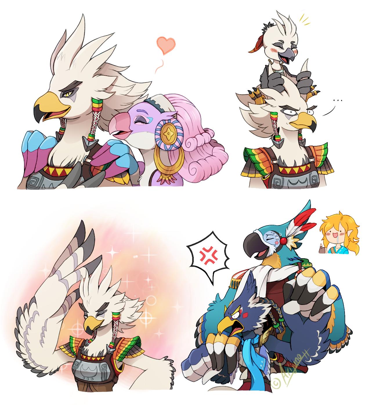 ... 1girl 6+boys ^_^ anger_vein angry animal_feet arijuno arm_up armor artist_name beak bird_boy bird_girl black_eyes black_fur blonde_hair blue_fur blue_scarf blue_shirt blush body_fur breastplate carrying claws clenched_hands closed_eyes closed_mouth commentary constricted_pupils cropped_torso drooling earrings english_commentary father_and_son feather_hair_ornament feathers furry furry_female furry_male grey_fur hair_ornament hair_tubes hand_on_another's_shoulder hands_on_another's_shoulders happy headband heart highres holding_hands hoop_earrings husband_and_wife jewelry kass link looking_at_viewer male_child medium_hair multicolored_fur multiple_boys multiple_views notice_lines open_mouth piggyback pink_hair profile purple_fur red_feathers revali rito saki_(zelda) saliva scarf shirt short_hair shoulder_pads signature simple_background smile sparkle speech_bubble spiked_hair spoken_ellipsis spoken_heart teba_(zelda) the_legend_of_zelda the_legend_of_zelda:_breath_of_the_wild thumbs_up tongue tulin_(zelda) twitter_username upper_body v-shaped_eyebrows white_background white_fur white_hair white_headband white_scarf yellow_eyes yellow_fur
