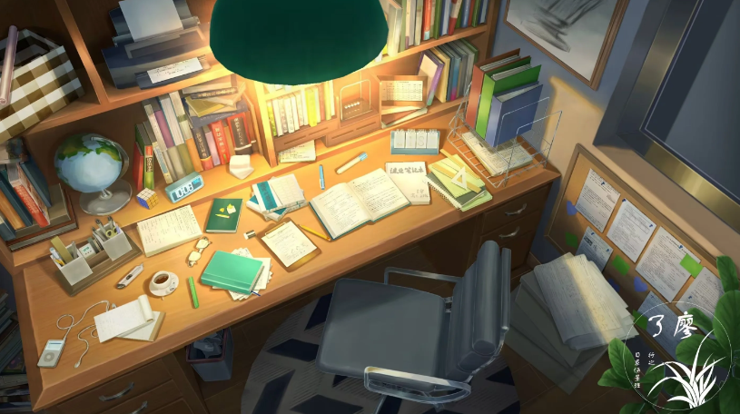 artist_logo binder book ceiling_light chair desk digital_media_player glasses globe indoors ipod no_humans office_chair open_book original paper scenery swivel_chair trash_can window xingzhi_lv
