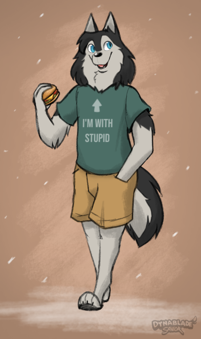 anthro black_body black_fur blue_eyes burger canid canine canis clothing domestic_dog dynablade_savior food fur husky kodak_(dynablade_savior) male mammal meme meme_clothing nordic_sled_dog siberian_husky simple_background smile snow solo spitz tagme white_body white_fur