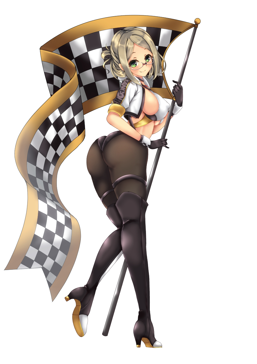 1girl ass black_gloves black_pantyhose boots breasts checkered_flag flag folded_ponytail glasses gloves green_eyes high_heels highres holding holding_flag kantai_collection katori_(kancolle) kuga_zankurou large_breasts long_hair pantyhose race_queen sideboob thigh_boots