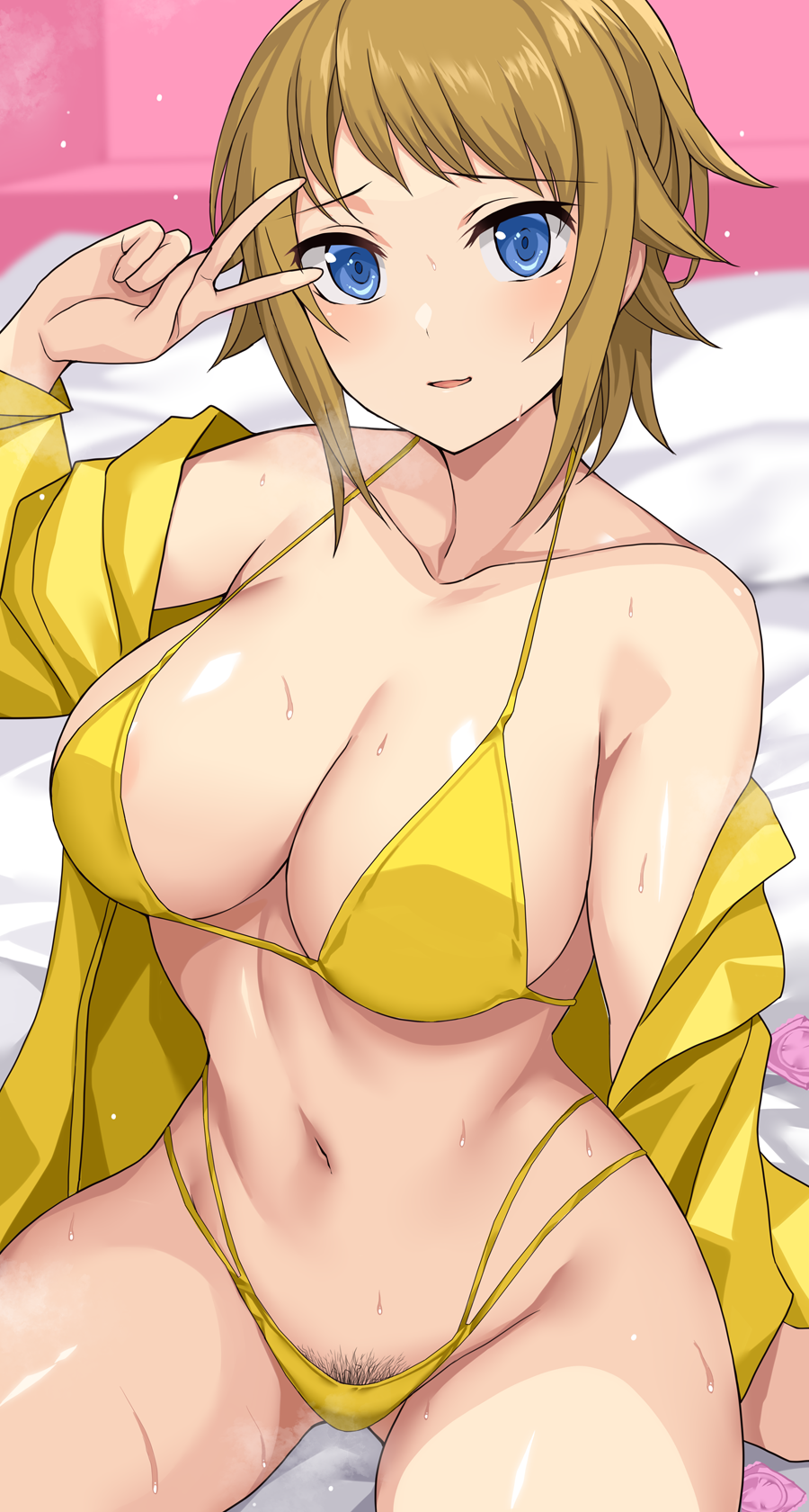 1girl arm_support bare_shoulders bed_sheet bikini blue_eyes breasts brown_hair cleavage collarbone commentary_request cowboy_shot female_pubic_hair groin gundam gundam_build_fighters gundam_build_fighters_try highres hoshino_fumina jacket long_sleeves looking_at_viewer medium_breasts navel nirowata off_shoulder parted_lips pubic_hair shadow short_hair sidelocks sitting solo stomach sweat swimsuit v yellow_bikini yellow_jacket