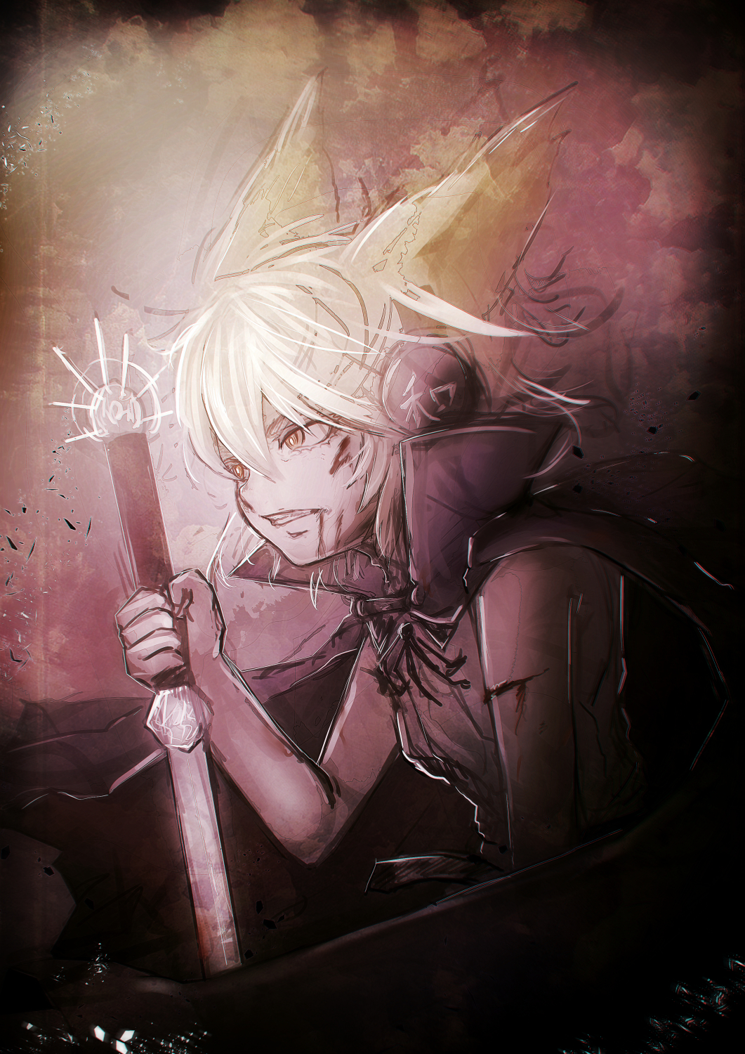 1girl blonde_hair blood blood_on_face brown_background brown_eyes cape clenched_teeth commentary_request cuts denpa_rasaito earmuffs grey_cape hair_between_eyes highres injury long_bangs looking_afar one-hour_drawing_challenge pointy_hair popped_collar ritual_baton shirt short_hair sleeveless sleeveless_shirt solo sword teeth touhou toyosatomimi_no_miko upper_body weapon white_shirt