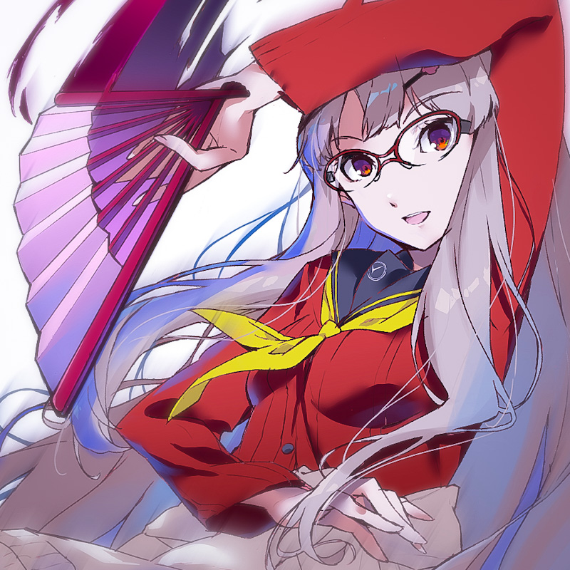 1girl :d amagi_yukiko amagi_yukiko_(cosplay) arm_up black_sailor_collar breasts commentary_request cosplay elu_(nijisanji) folding_fan glasses grey_hair hand_fan head_tilt holding holding_fan long_hair long_sleeves looking_at_viewer medium_breasts neckerchief nijisanji okiura over-rim_eyewear persona persona_4 purple_eyes red-framed_eyewear red_shirt sailor_collar semi-rimless_eyewear shirt simple_background skirt smile solo very_long_hair virtual_youtuber white_background white_skirt yellow_neckerchief