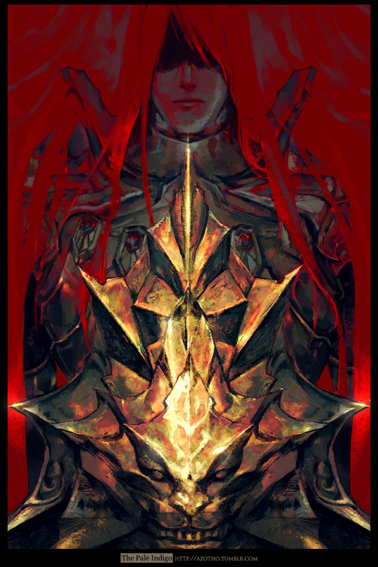 1boy animal_helmet armor azotho breastplate dark_souls_(series) dark_souls_i dragon_slayer_ornstein full_armor gold_armor gorget hair_over_eyes headwear_removed helm helmet helmet_removed knight long_hair no_headwear pauldrons plate_armor red_background red_hair shaded_face shoulder_armor solo