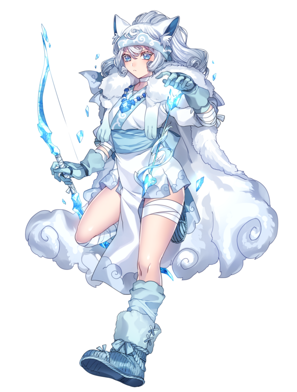 &gt;:( 1girl alolan_vulpix animal_ear_fluff animal_ears arrow_(projectile) bandaged_leg bandages blue_eyes blue_footwear blue_gloves blue_sash blue_socks bow_(weapon) cape choker closed_mouth colored_eyelashes fox_ears frown full_body fur-trimmed_footwear fur_cape fur_trim gloves hair_between_eyes holding holding_bow_(weapon) holding_weapon ice jewelry katagiri_hachigou leg_up loose_socks medium_hair necklace personification pokemon sash simple_background socks solo v-shaped_eyebrows weapon white_background white_cape white_choker white_hair