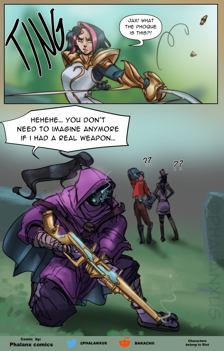1boy 3girls ? ?? armor artist_name black_hair black_pants blurry blurry_background breastplate caitlyn_(league_of_legends) english_text fiora_(league_of_legends) gun holding holding_gun holding_weapon hood hood_up jax_(league_of_legends) league_of_legends mask multicolored_hair multiple_girls on_one_knee outdoors pants phalanxus pink_hair plume rifle shoulder_plates speech_bubble two-tone_hair vi_(league_of_legends) weapon
