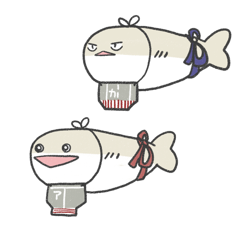 akagi_(kancolle) animal_focus animalization ferret-san fish flight_deck kaga_(kancolle) kantai_collection no_humans sacabambaspis scarf simple_background tasuki triangle_mouth white_background