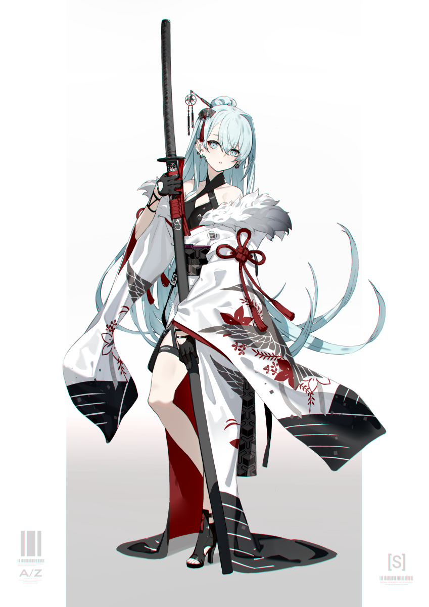 1girl also_sprach_zarathustra_(neco) aqua_eyes aqua_hair criss-cross_halter earrings flower_knot full_body fur_trim gloves gradient_background hair_bun hair_ornament halterneck high_heels highres holding holding_sword holding_weapon huge_weapon japanese_clothes jewelry katana kimono legs long_hair neco obi off_shoulder ootachi s_(neco) sash saya_(scabbard) scabbard sheath simple_background solo standing sword thigh_strap weapon white_kimono