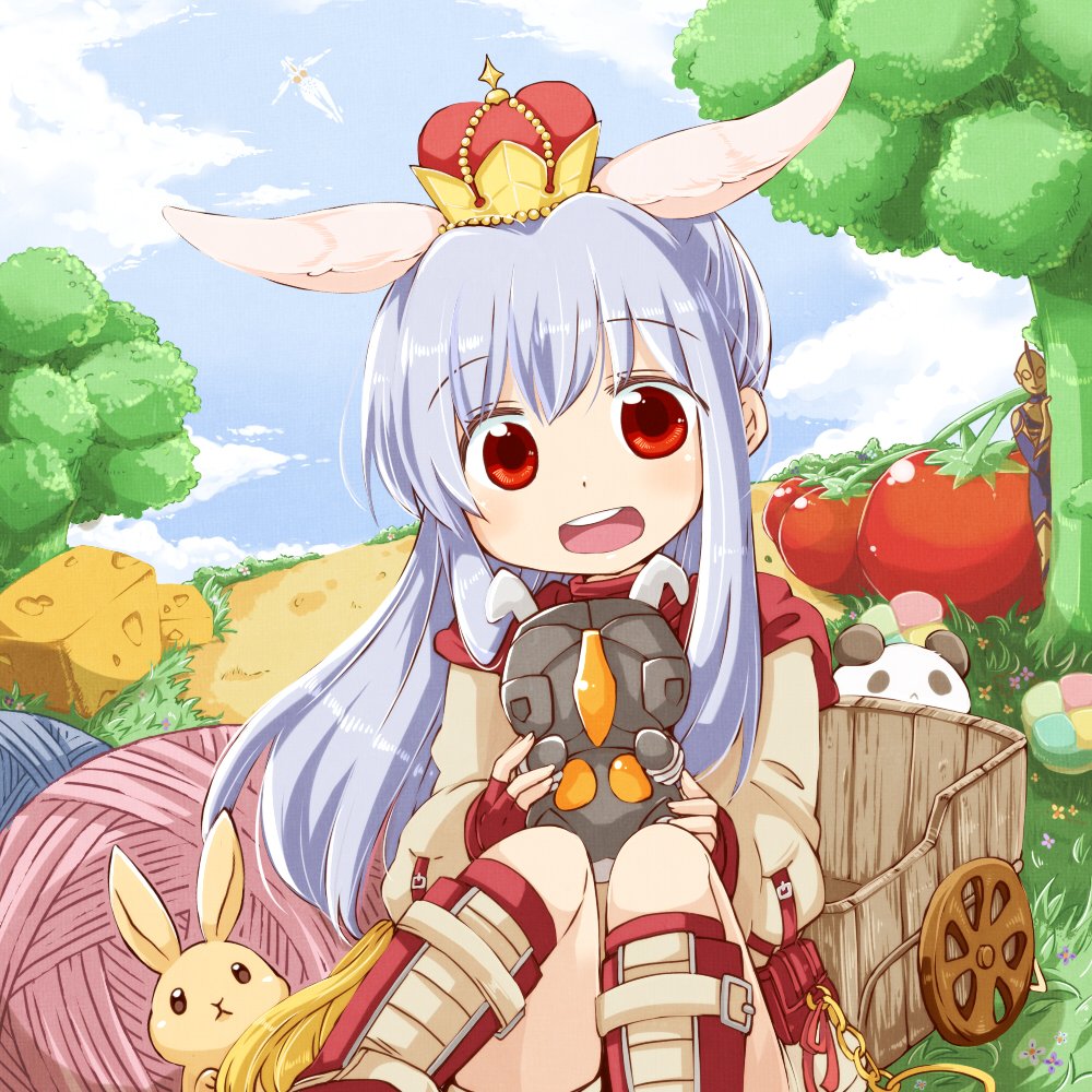 1boy 1girl animal_ears blue_sky boots broccoli brown_jumpsuit character_request cheese cloud commentary_request crown day feet_out_of_frame floppy_ears food futami_yayoi grey_hair in-universe_location jumpsuit long_hair looking_at_viewer mechanic_(ragnarok_online) medium_bangs open_mouth outdoors panda pullcart rabbit rabbit_ears ragnarok_online red_eyes red_footwear round_teeth sidelocks sky smile solo_focus teeth tomato ultra_series ultraman ultraman_(1st_series) upper_teeth_only yarn yarn_ball zetton