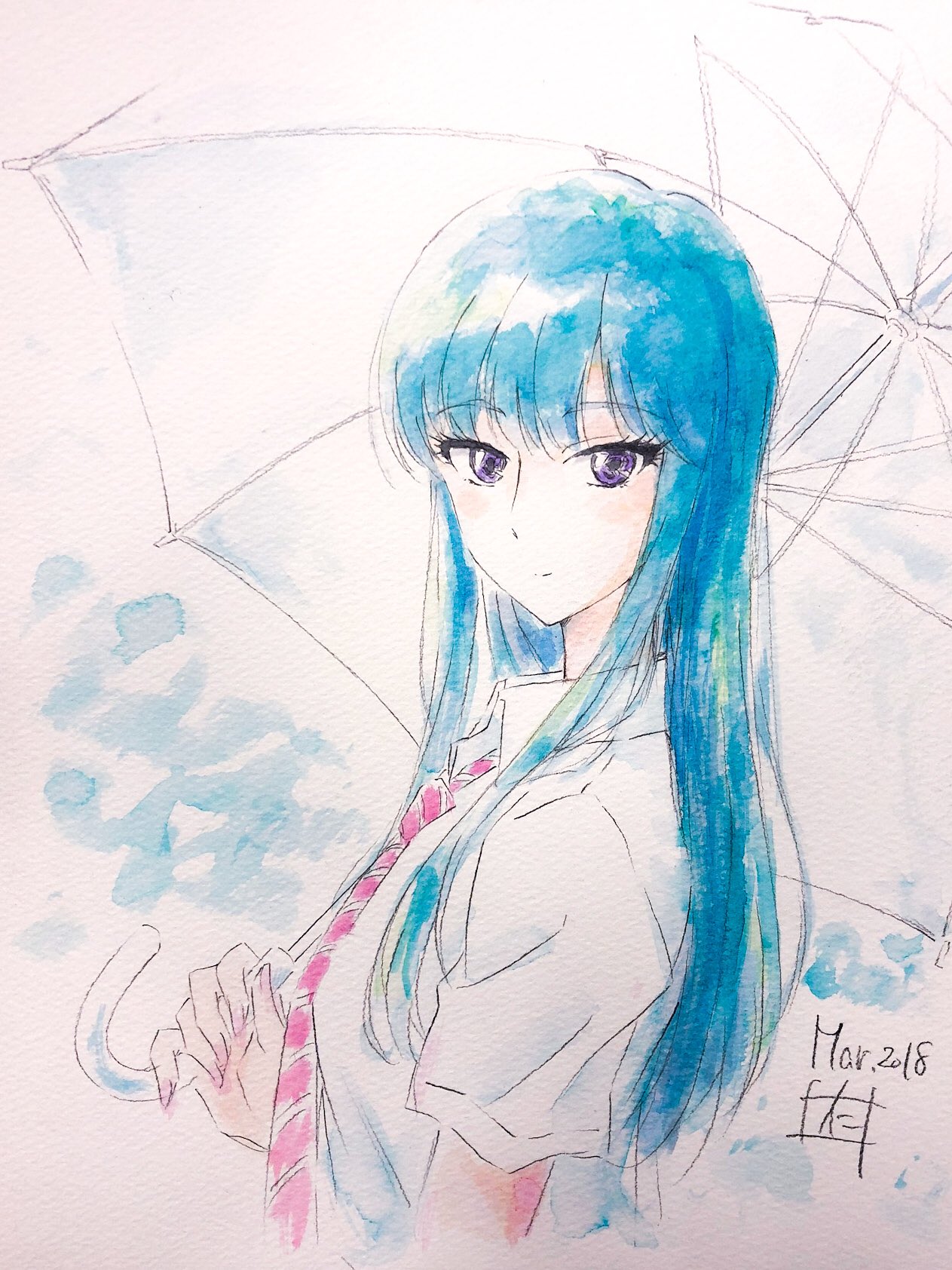 1girl blue_hair closed_mouth collared_shirt color_ink_(medium) commentary_request cropped_torso dated diagonal-striped_necktie diagonal_stripes fingernails from_side hair_over_shoulder highres holding holding_umbrella koi_wa_ameagari_no_you_ni light_smile long_hair looking_at_viewer looking_to_the_side necktie nii_manabu purple_eyes red_necktie school_uniform shirt short_sleeves signature solo split_mouth striped striped_necktie tachibana_akira traditional_media transparent transparent_umbrella tsurime umbrella upper_body white_background white_shirt