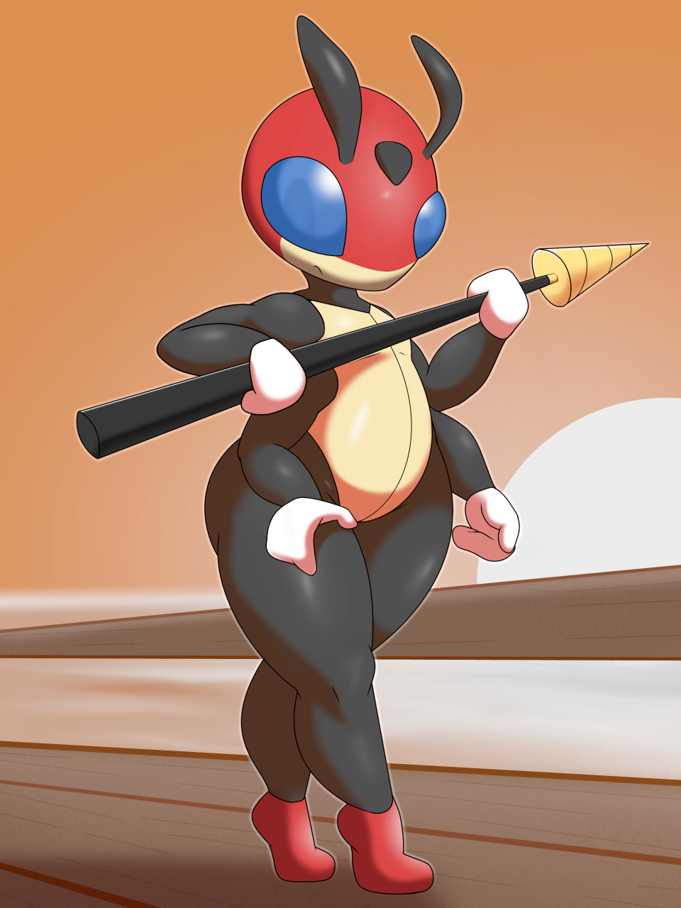 2022 4_arms 4_hands adeviantcritter ambiguous_gender antennae_(anatomy) anthro anthrofied arthropod black_body black_skin blue_eyes featureless_feet female_(lore) future_being_ledian generation_2_pokemon hi_res holding_object holding_weapon insect ledian looking_at_viewer melee_weapon multi_arm multi_hand multi_limb nintendo pokemon pokemon_(species) pokemorph polearm red_body red_skin slightly_chubby solo spear thick_thighs weapon yellow_body yellow_skin