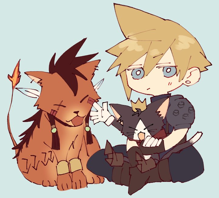 1boy animal animal_on_lap armor beads black_cat black_fur black_gloves blonde_hair blue_background blue_eyes boots bracelet brown_footwear brown_hair cait_sith_(ff7) cape cat cat_on_lap chibi closed_eyes crown earrings expressionless facial_mark feather_hair_ornament feathers final_fantasy final_fantasy_vii fire gloves gold_bracelet hair_beads hair_ornament happy holding jewelry male_focus mini_crown nitoya_00630a on_lap open_mouth pants pauldrons red_cape red_fur scar scar_across_eye scar_on_face short_hair shoulder_armor simple_background single_pauldron sitting sitting_on_lap sitting_on_person sleeveless sleeveless_turtleneck smile spiked_hair stud_earrings tail tattoo tribal_tattoo turtleneck waving white_fur white_gloves