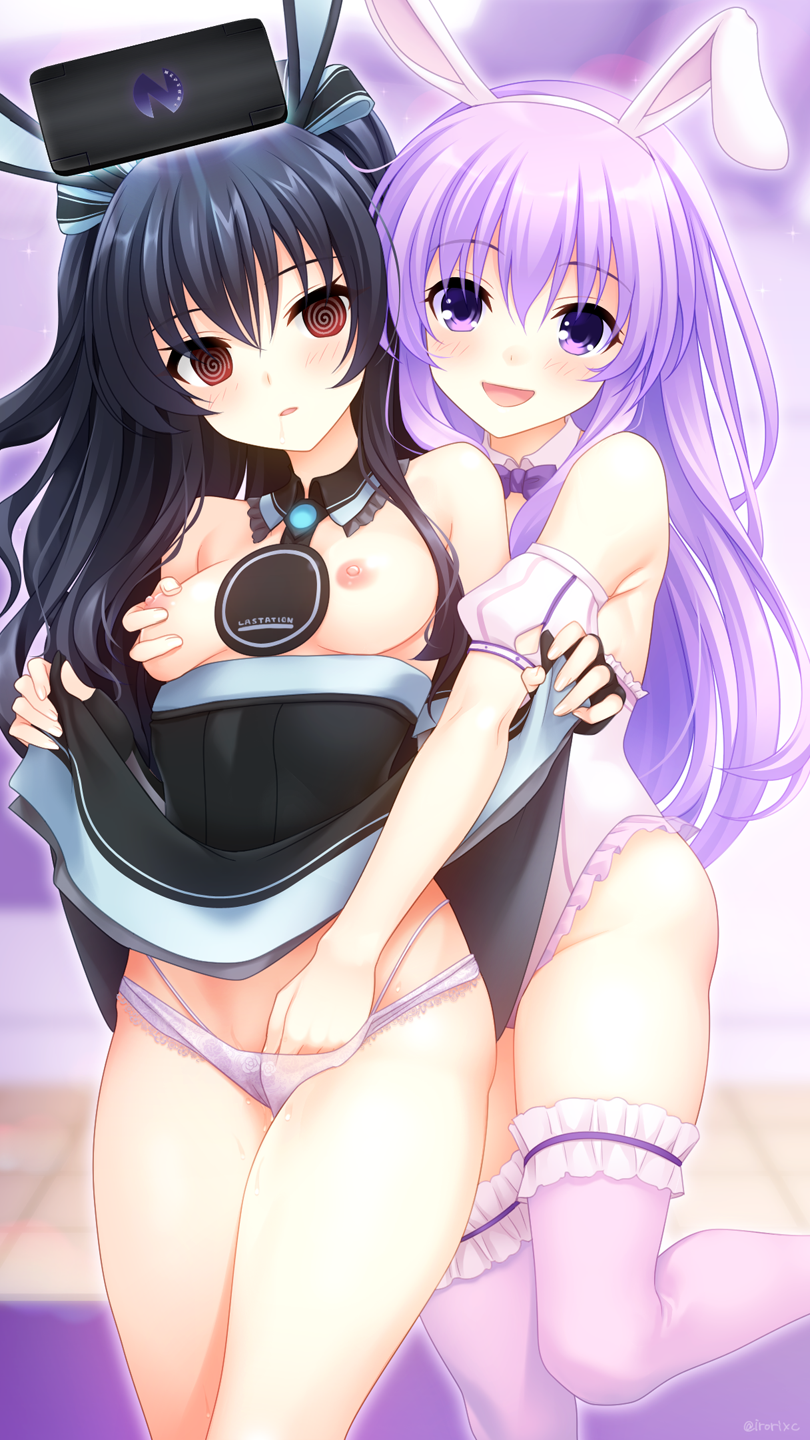 2girls black_dress black_gloves black_hair d-pad d-pad_hair_ornament dress elbow_gloves fingerless_gloves gloves hair_ornament hair_ribbon happy highres hypnosis irori_(irorixc) long_hair looking_at_another mind_control multiple_girls nepgear neptune_(series) open_mouth purple_hair red_eyes ribbon sleeveless smile two_side_up uni_(neptune_series) yuri