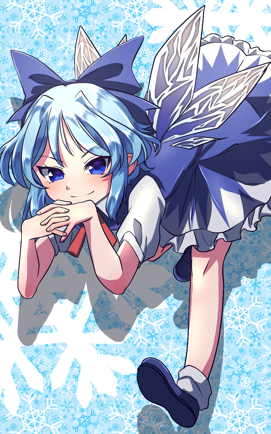 1girl ahodemoaru blue_background blue_bow blue_dress blue_eyes blue_footwear blue_hair bow cirno closed_mouth commentary_request detached_sleeves dress hair_bow hair_intakes highres ice ice_wings interlocked_fingers one-hour_drawing_challenge short_hair short_sleeves smile snowflakes solo touhou wings