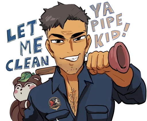 animal bara black_eyes blue_shirt breast_pocket brown_hair ear_piercing english_text facing_viewer fairytale_police_hoe_department green_headwear holding_plunger idoraad janitor looking_at_viewer male_focus naughty_face pectoral_cleavage pectorals piercing plunger pocket richard_niaste shirt short_hair tan teeth transparent_background upper_body