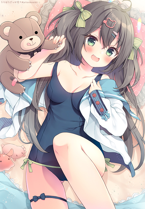 1girl :d ahoge beach bear_hair_ornament black_hair blue_sailor_collar blush bow breasts collarbone commentary_request fang feet_out_of_frame frilled_pillow frills green_bow green_eyes hair_between_eyes hair_bow hair_ornament hairclip izumiyuhina knee_up long_hair long_sleeves looking_at_viewer lying medium_breasts off_shoulder old_school_swimsuit on_back open_clothes open_shirt original pillow puffy_long_sleeves puffy_sleeves sailor_collar sand school_swimsuit school_uniform serafuku shirt skindentation sleeves_past_wrists smile solo swimsuit swimsuit_under_clothes teeth two_side_up very_long_hair white_shirt
