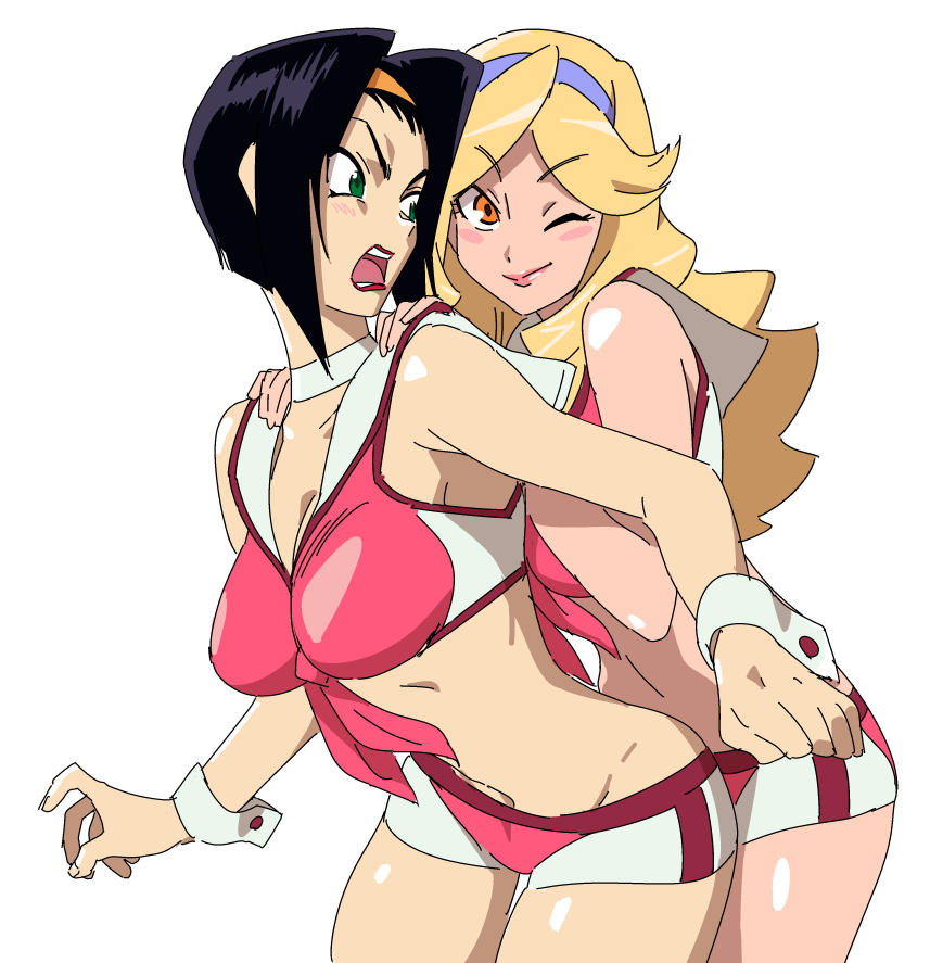 2girls ;) black_hair blonde_hair blush blush_stickers breasts choker cleavage cowboy_bebop creator_connection crossover faye_valentine green_eyes hairband hands_on_another's_shoulders honey_(space_dandy) jinou_rakugaki lipstick long_hair looking_at_another makeup midriff multiple_girls one_eye_closed open_mouth red_lips revealing_clothes sailor_collar short_hair short_shorts shorts simple_background smile space_dandy thighs uniform wavy_hair white_background white_choker wrist_cuffs