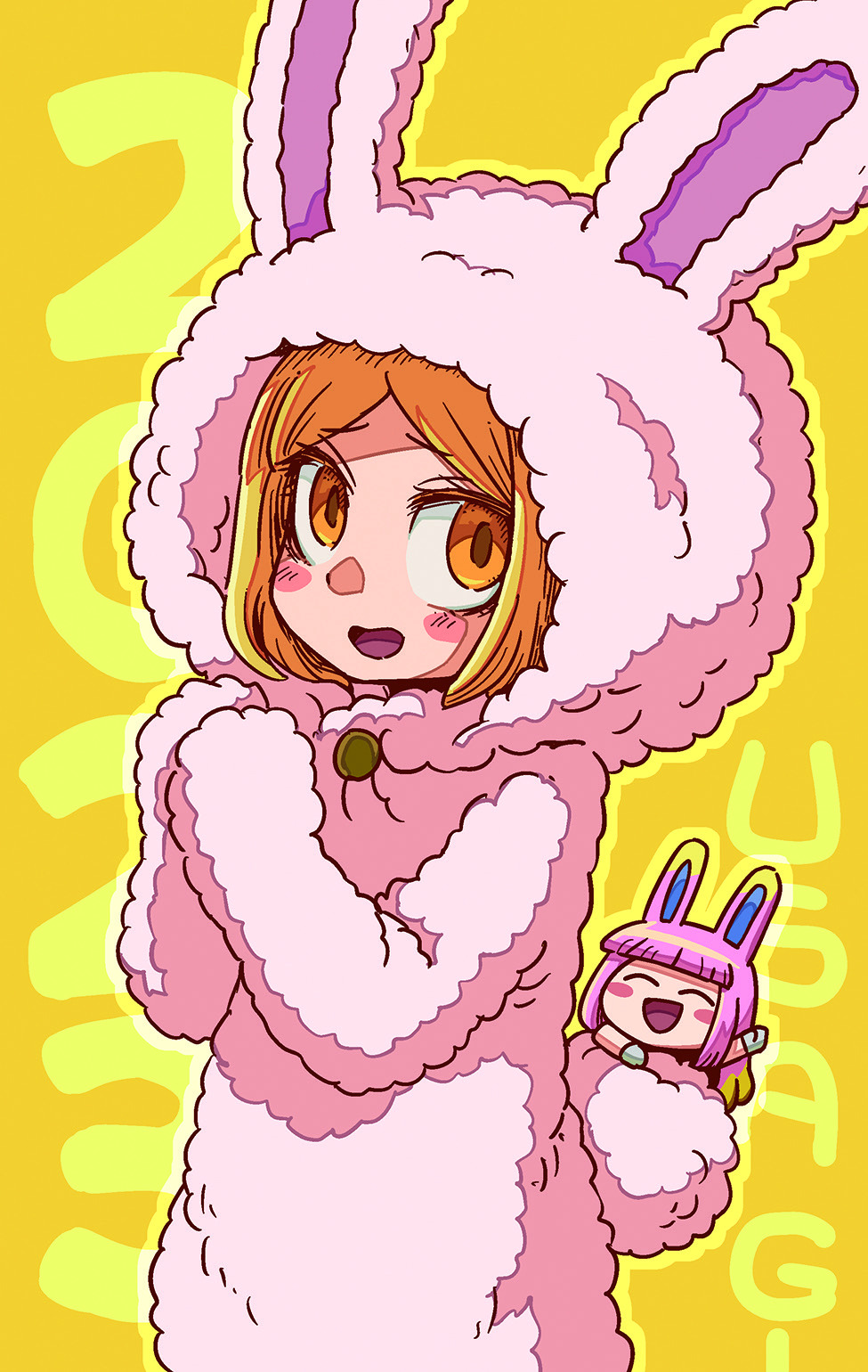 2023 2girls animal_costume animal_ears blonde_hair blush_stickers chinese_zodiac closed_eyes fate/grand_order fate_(series) giant giantess highres learning_with_manga!_fgo multiple_girls open_mouth orange_hair own_hands_together paul_bunyan_(fate) pink_hair rabbit_costume rabbit_ears rabbit_tail riyo_(lyomsnpmp) riyo_servant_(bunnygirl)_(fate) short_hair smile tail upper_body waving year_of_the_rabbit