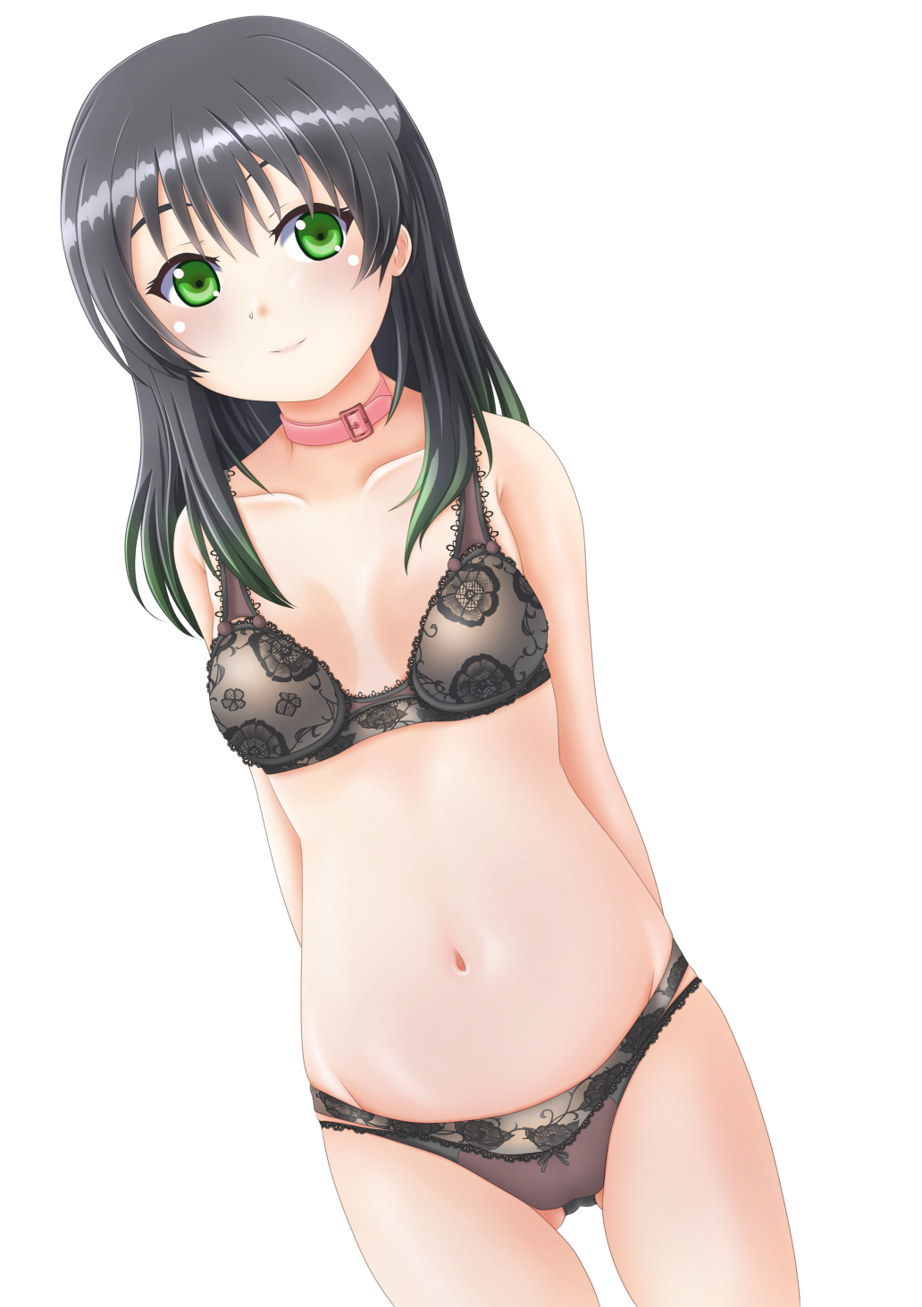 1girl animal_collar arms_behind_back black_bra black_hair black_panties bow bow_panties bra breasts closed_mouth collar commentary_request green_eyes highres jou_(circlemay) lace lace-trimmed_bra lace-trimmed_panties lace_bra lace_panties lace_trim lingerie looking_at_viewer love_live! love_live!_nijigasaki_high_school_idol_club medium_breasts medium_hair navel panties partial_commentary pink_collar simple_background smile solo standing takasaki_yuu underwear underwear_only white_background