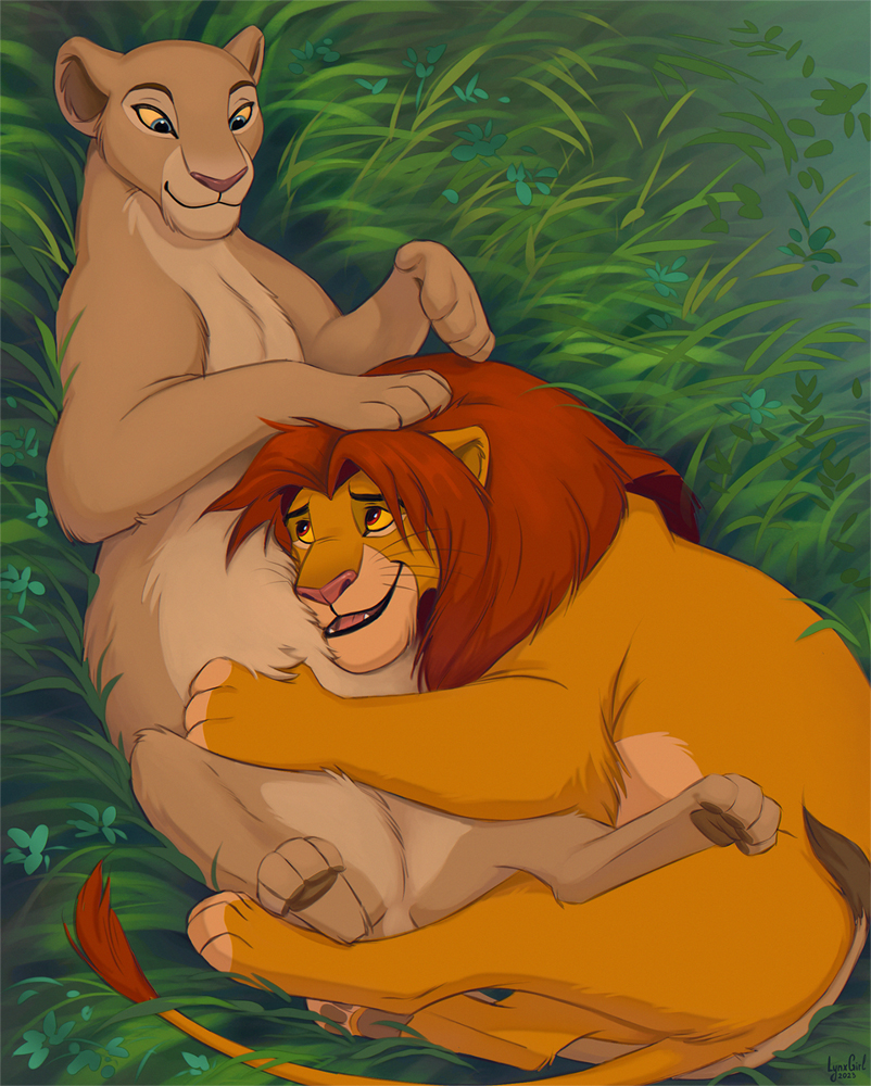 countershade_fur countershade_torso countershading disney duo felid female feral feral_on_feral fur intraspecies lion male male/female mammal mane nala open_mouth open_smile pantherine pawpads paws plant pregnant pregnant_female pregnant_feral quadruped reallynxgirl romantic romantic_couple simba smile tail tail_tuft the_lion_king tuft whiskers