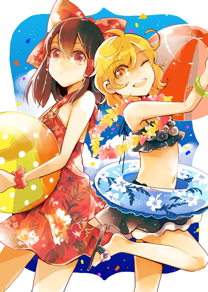 2girls ;d ahoge alternate_costume alternate_hairstyle arms_up artist_name azuma_aya ball bare_shoulders beachball bikini bikini_skirt black_bikini bow commentary_request confetti dress floral_print frilled_bikini frills hair_bow hair_tubes hakurei_reimu holding holding_ball innertube kirisame_marisa leg_up looking_at_viewer multiple_girls navel no_legwear one_eye_closed open_mouth red_bow red_dress red_eyes round_teeth sandals short_hair sleeveless sleeveless_dress smile standing standing_on_one_leg stomach swimsuit teeth touhou transparent