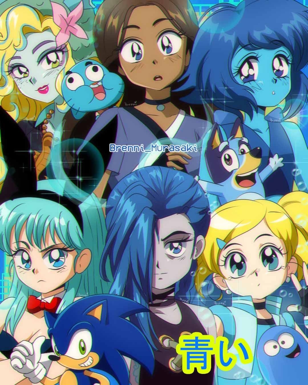 1990s_(style) :o animal_ears aqua_eyes avatar:_the_last_airbender avatar_legends bandit_(bluey) bare_shoulders black_gloves blonde_hair blooregard_q_kazoo blue_eyes blue_hair blue_skin blue_theme bluey breasts brenni_murasaki brown_hair bulma character_request cleavage closed_mouth colored_skin copyright_request crossover dark-skinned_female dark_skin dot_mouth dragon_ball dragon_ball_(classic) fake_animal_ears fingerless_gloves foster's_home_for_imaginary_friends gloves green_eyes green_hair grey_skin grin gumball_watterson highres jinx_(league_of_legends) katara lapis_lazuli_(steven_universe) league_of_legends lipstick long_hair looking_at_viewer makeup multicolored_hair multiple_crossover open_mouth playboy_bunny powerpuff_girls_z rabbit_ears retro_artstyle rolling_bubbles smile sonic_(series) sonic_the_hedgehog steven_universe the_amazing_world_of_gumball two-tone_hair