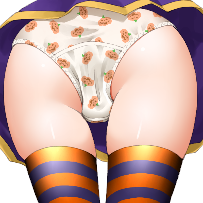 1girl ass close-up commentary_request dr_rex jack-o'-lantern_print original panties print_panties purple_skirt simple_background skirt solo striped striped_thighhighs thighhighs underwear white_background white_panties