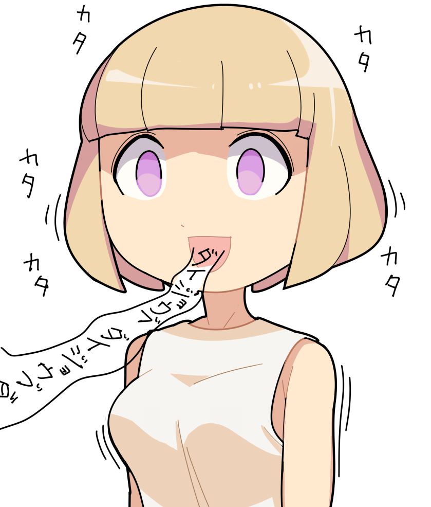 1girl :d blonde_hair blunt_bangs bob_cut breasts commentary_request empty_eyes hospital_king medium_bangs medium_breasts naruse_yuu open_mouth pink_eyes shirt short_hair simple_background sleeveless sleeveless_shirt smile solo translation_request upper_body watashi_ga_motenai_no_wa_dou_kangaetemo_omaera_ga_warui! white_background white_shirt