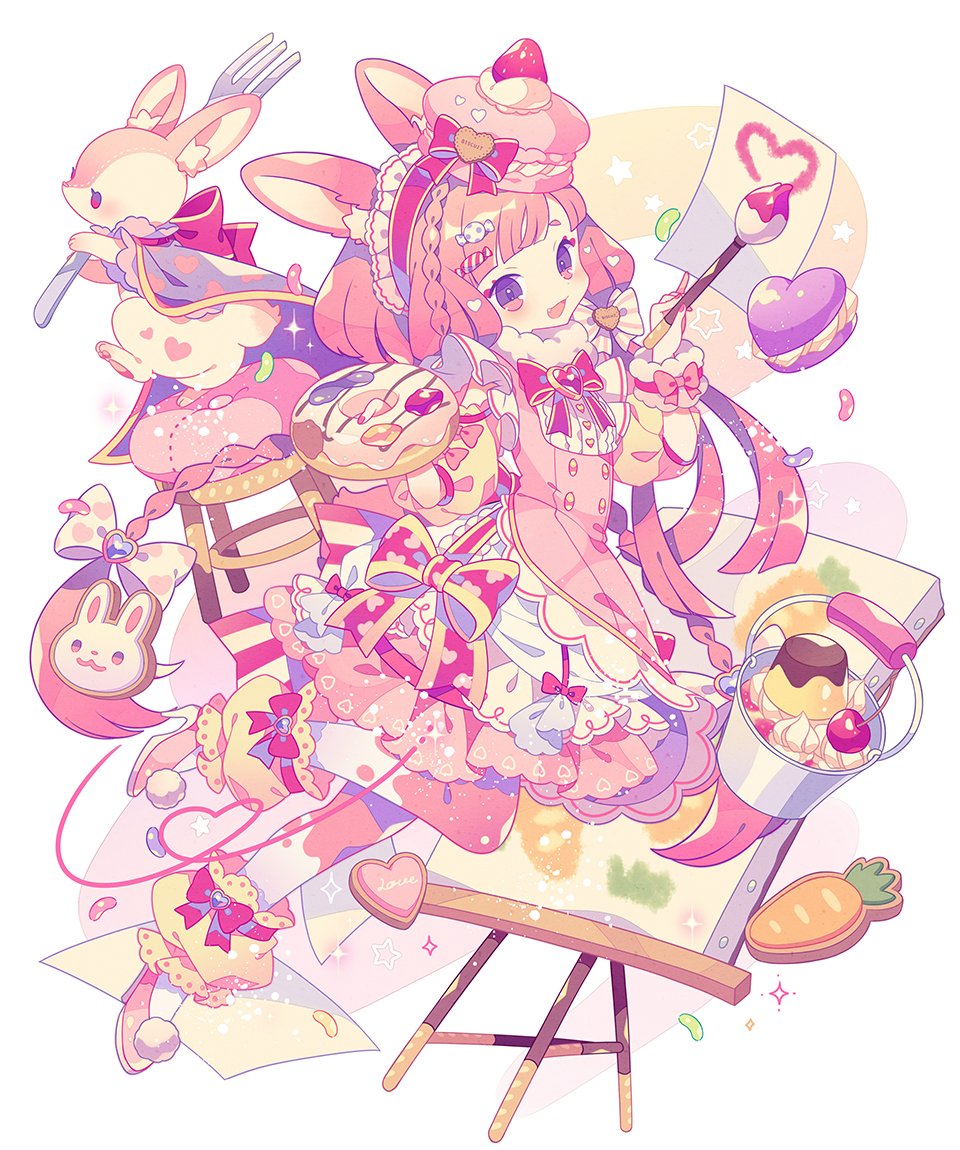 1girl animal_ear_fluff blunt_bangs blunt_ends bow bow_legwear bowtie braid bucket buttons candy_hair_ornament cape carrot center_frills cherry collar colored_eyelashes commentary_request cookie dessert detached_sleeves doughnut dress easel fang food food-themed_hair_ornament fork french_braid frilled_dress frilled_hairband frills fruit full_body fur_collar hair_bow hair_ornament hairband hat hat_bow hat_ornament heart heart_button heart_hair_ornament heart_hat_ornament heart_print high_heels holding holding_food holding_fork holding_paintbrush lace-trimmed_legwear lace_trim layered_dress light_blush lolita_fashion lolita_hairband long_hair looking_at_viewer low_twin_braids macaron macaron_hair_ornament original paintbrush pantyhose paper petticoat pink_bow pink_bowtie pink_dress pink_footwear pink_hair pink_hairband pink_pantyhose pom_pom_(clothes) pudding puffy_short_sleeves puffy_sleeves purple_cape purple_eyes rabbit short_sleeves sleeve_bow sleeveless sleeveless_dress smile solo strawberry twin_braids two-tone_pantyhose waist_bow white_background white_bow white_collar white_dress white_pantyhose white_rabbit_(animal) yellow_leg_warmers yellow_sleeves yumenouchi_chiharu