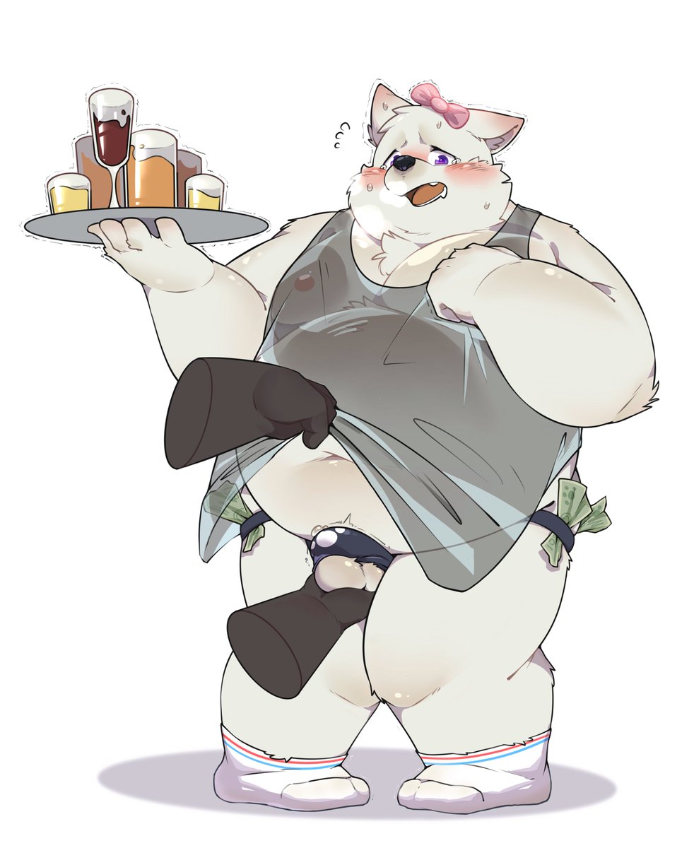 accessory alcohol anthro apron apron_lift asian_clothing ball_grab balls belly beverage blush bow_ribbon bulge canid canine canis clothed clothing clothing_lift disembodied_hand domestic_dog east_asian_clothing embarrassed fundoshi fur genitals hair_accessory hair_bow hair_ribbon hi_res japanese_clothing male mammal money_in_underwear navel nipples overweight purple_eyes ribbons serving_tray underwear white_body white_fur
